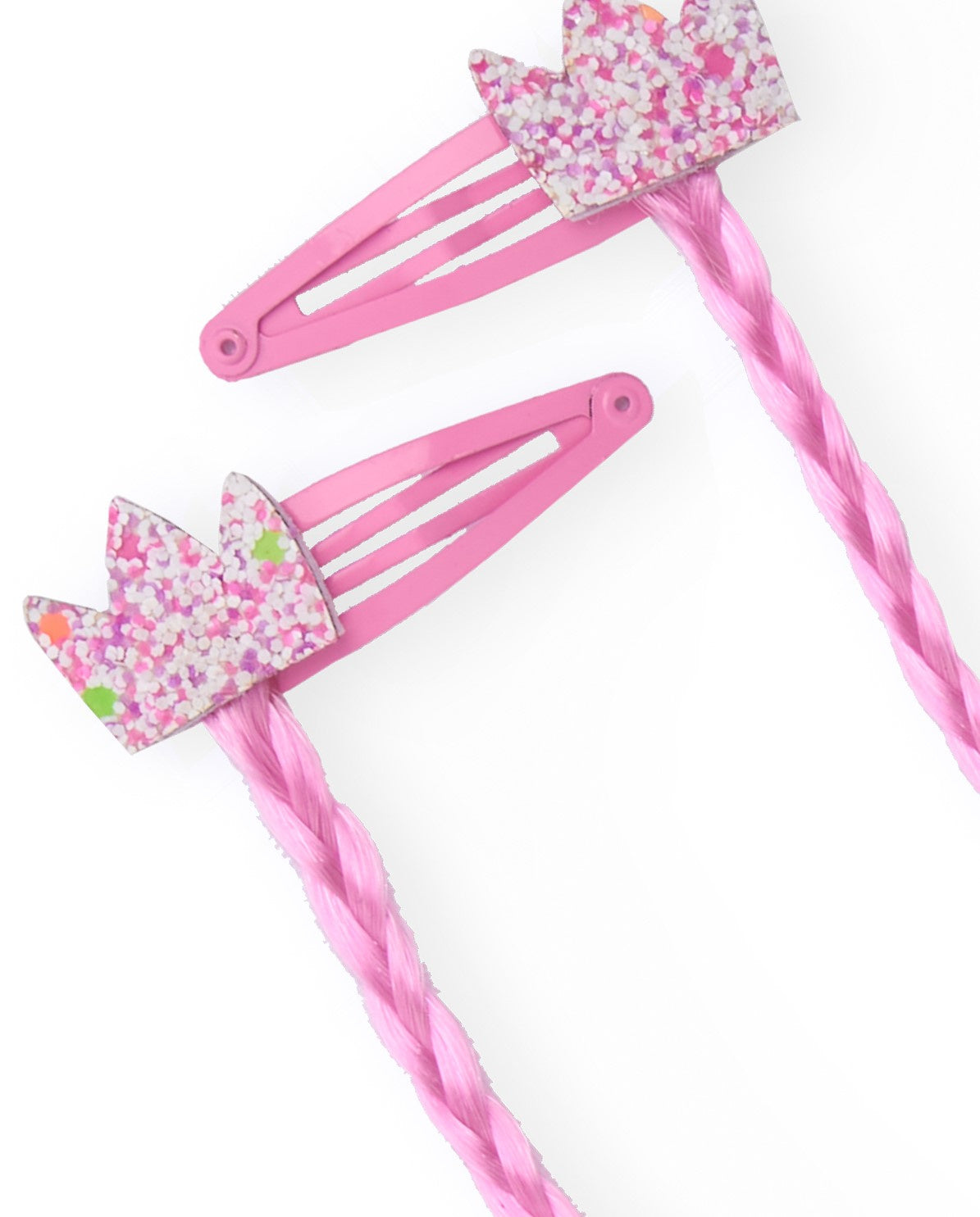 Pinzas para niña con trenza rosa y corona en glitter multicolor