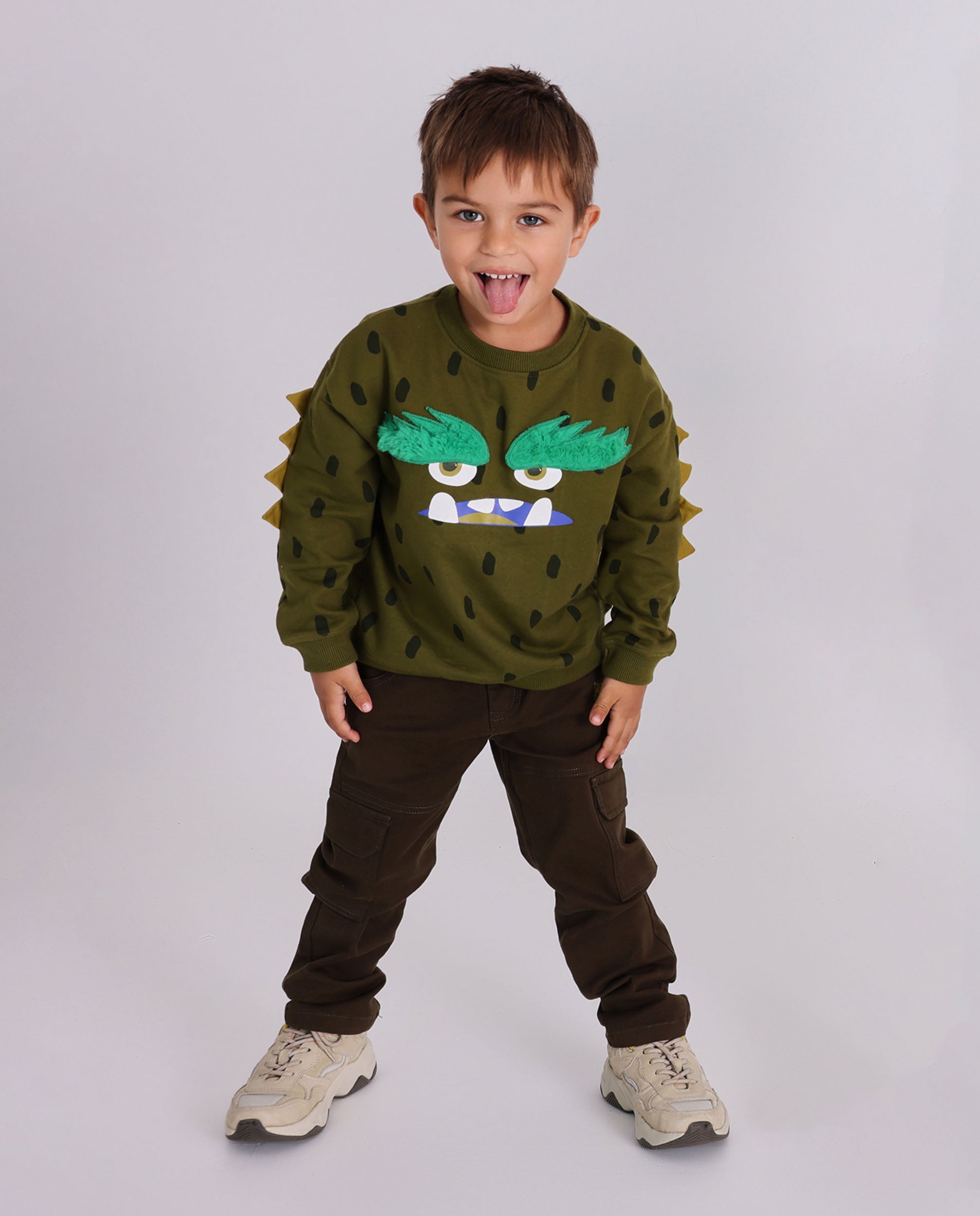 Sudadera para niño color verde con estampado de monstruo y