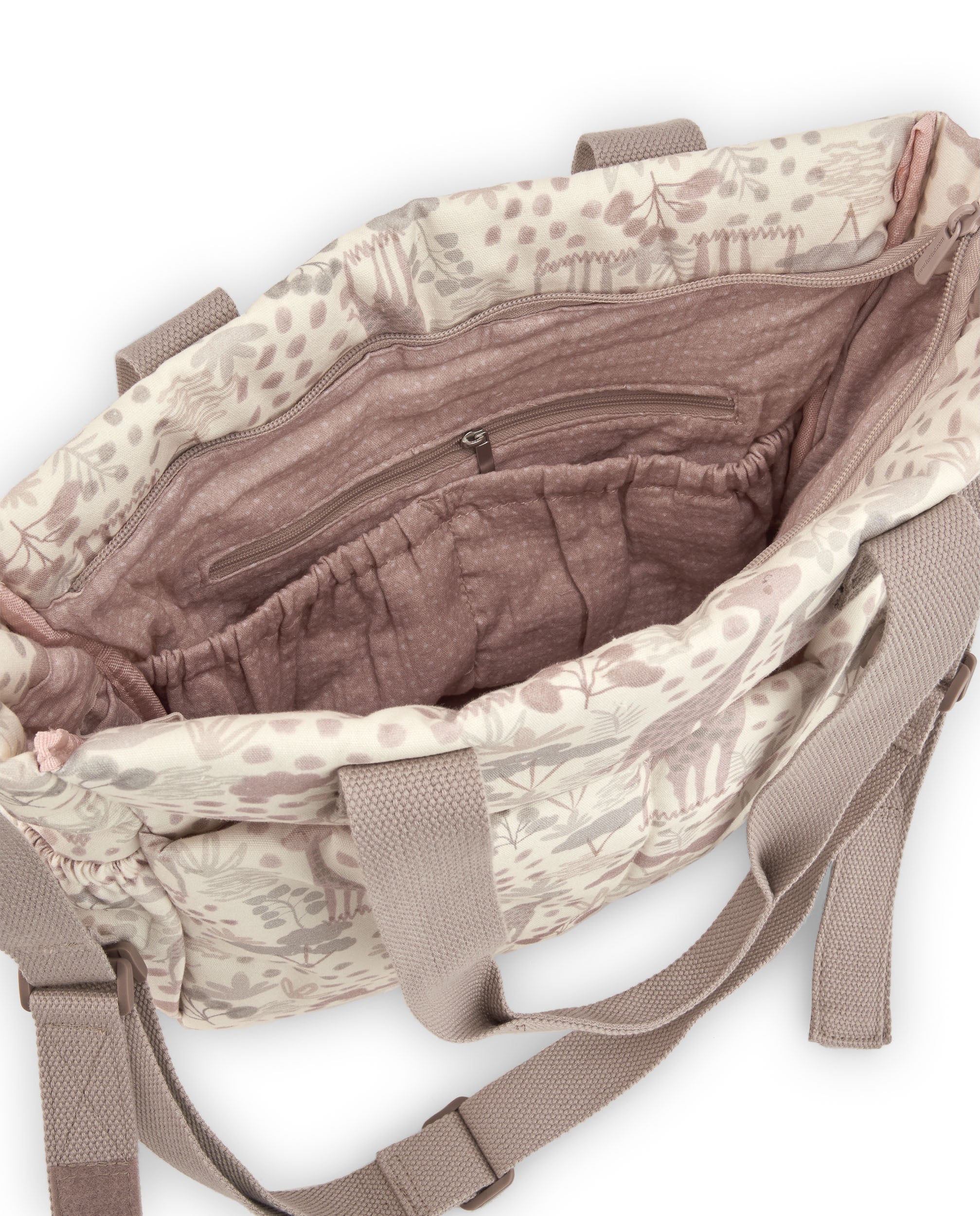 Bolso maternal con estampado de jirafas en tonos neutros