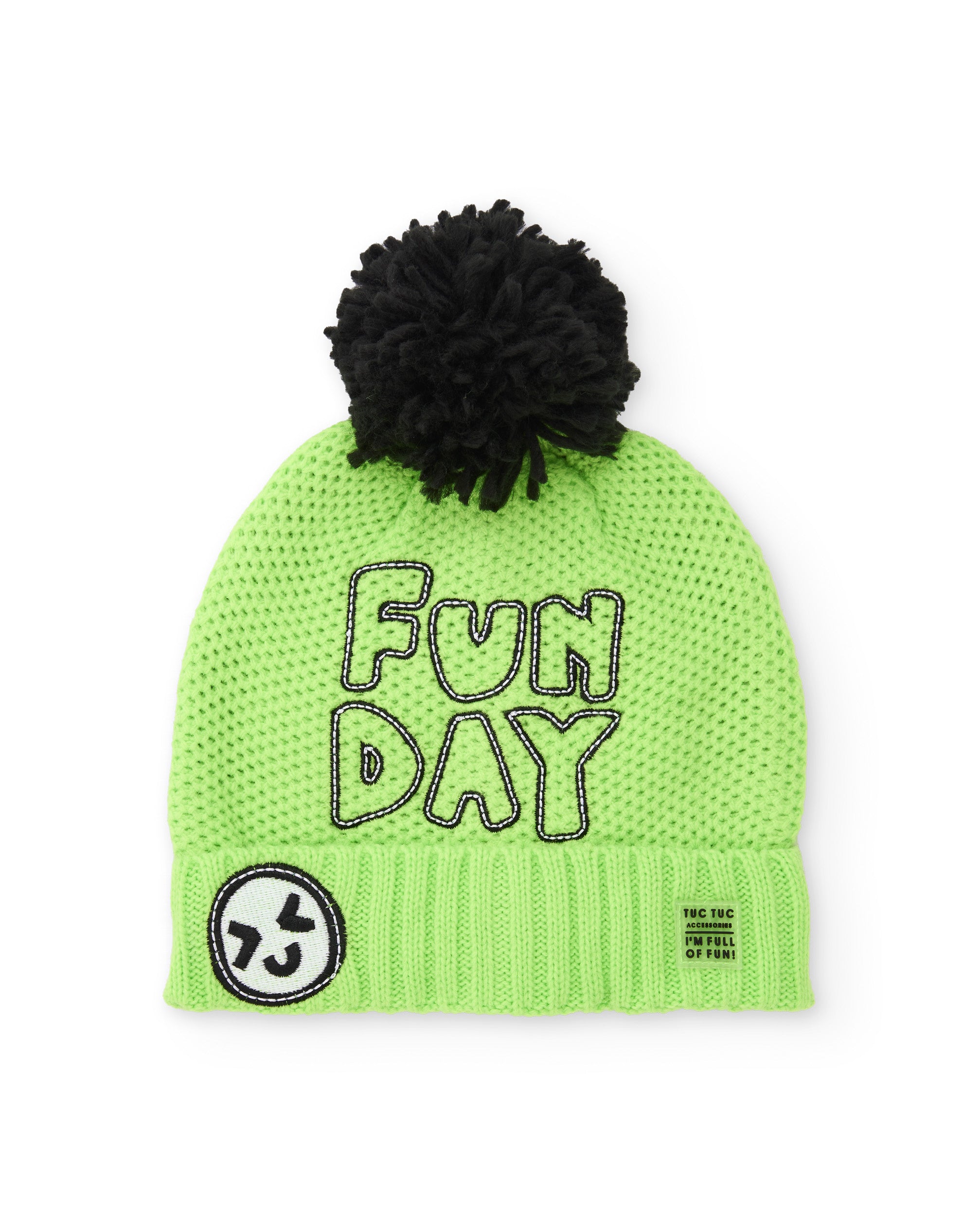Gorro de punto para niño en verde con pompón y bordado