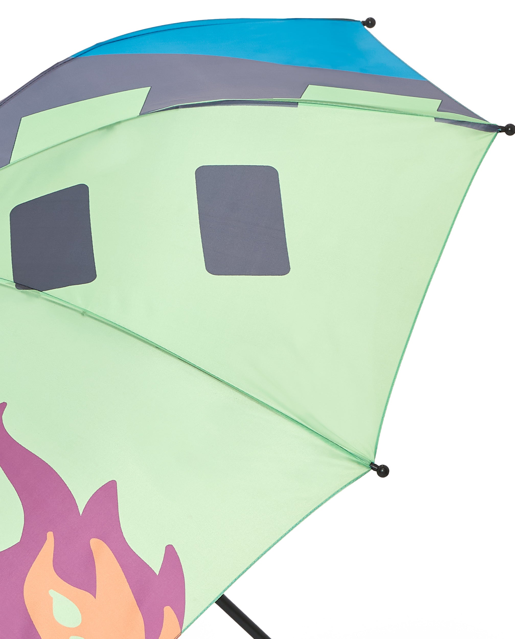 Paraguas de niño color verde con estampado de llamas y ventanas