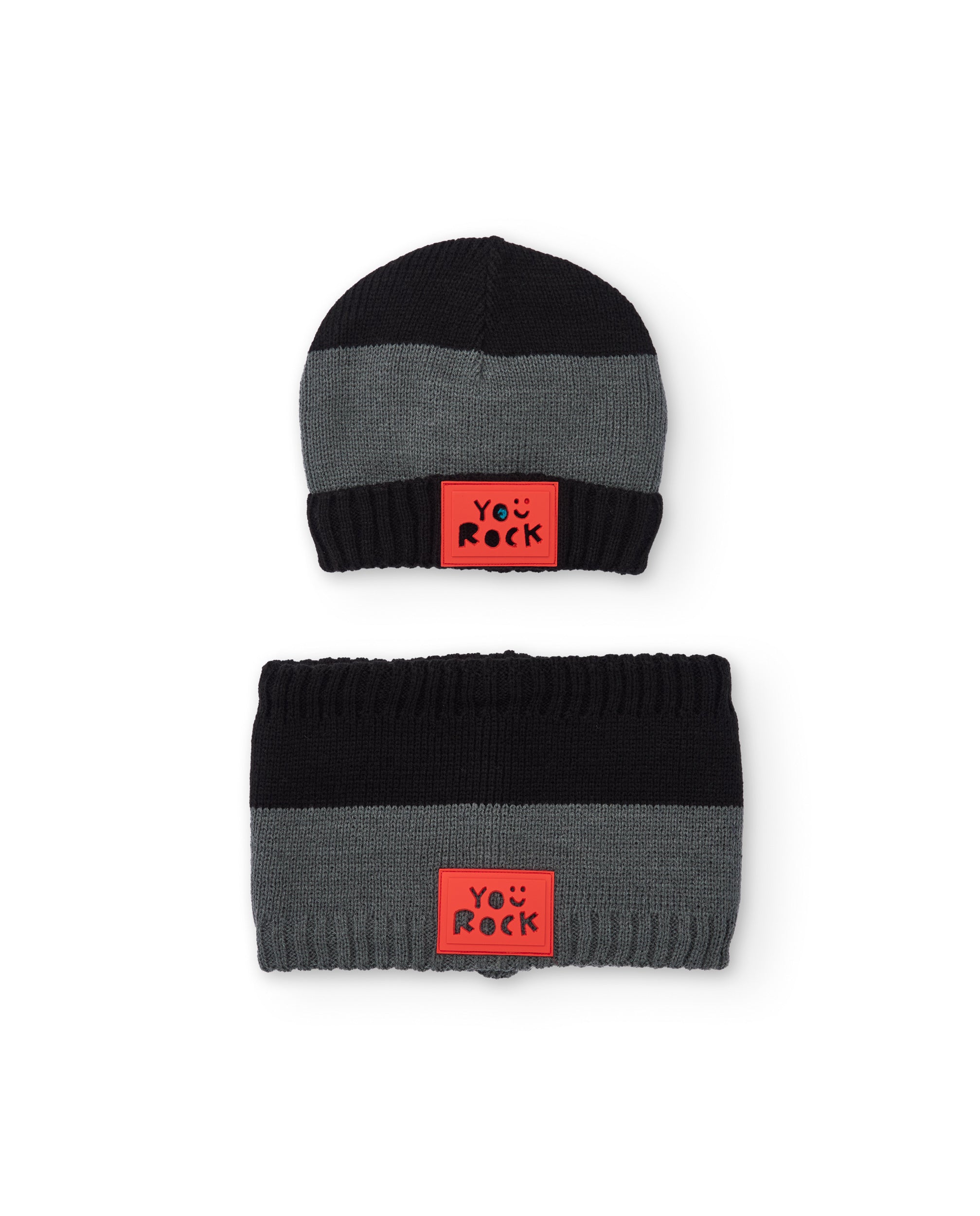 Set de gorro y braga de punto de niño en color negro y gris con