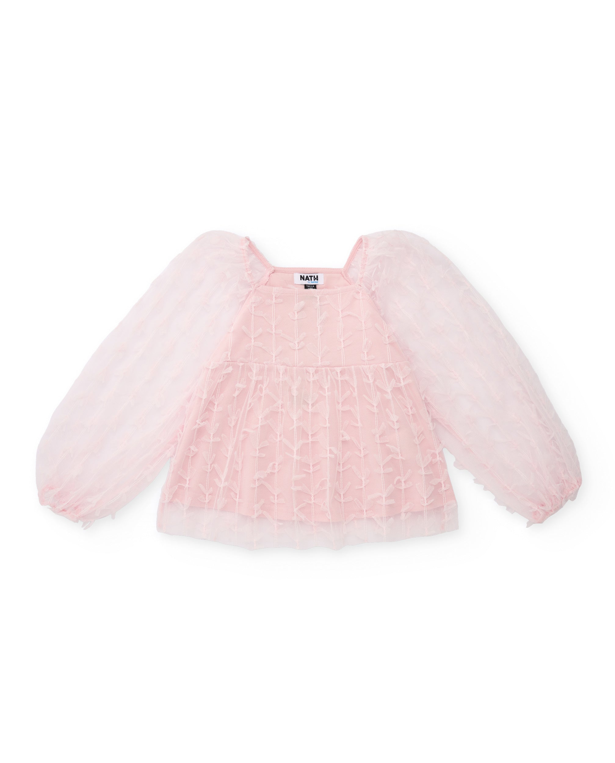 Blusa de niña en tul rosa con mangas abullonadas