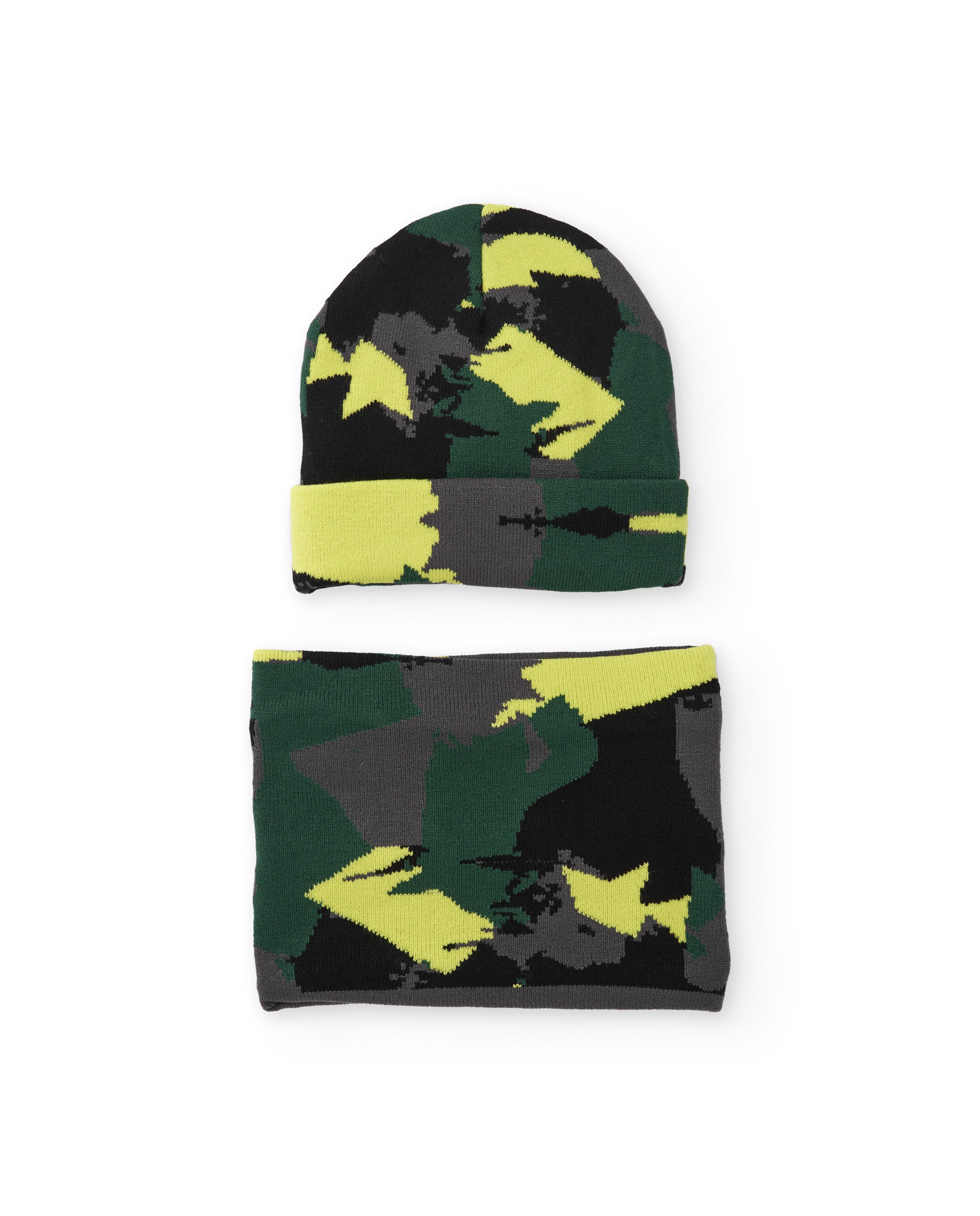 Set de niño con gorro y braga de punto en estampado camuflaje