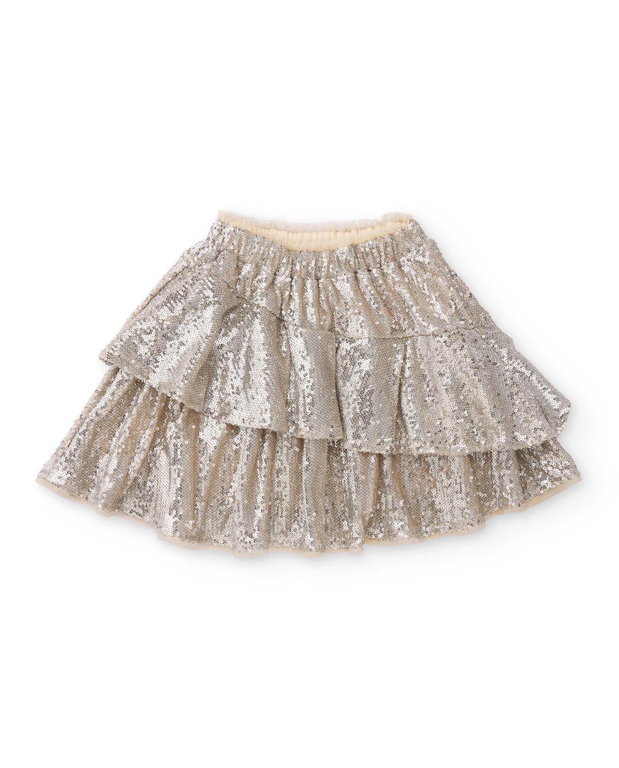 Falda de niña en color plata con lentejuelas y volantes
