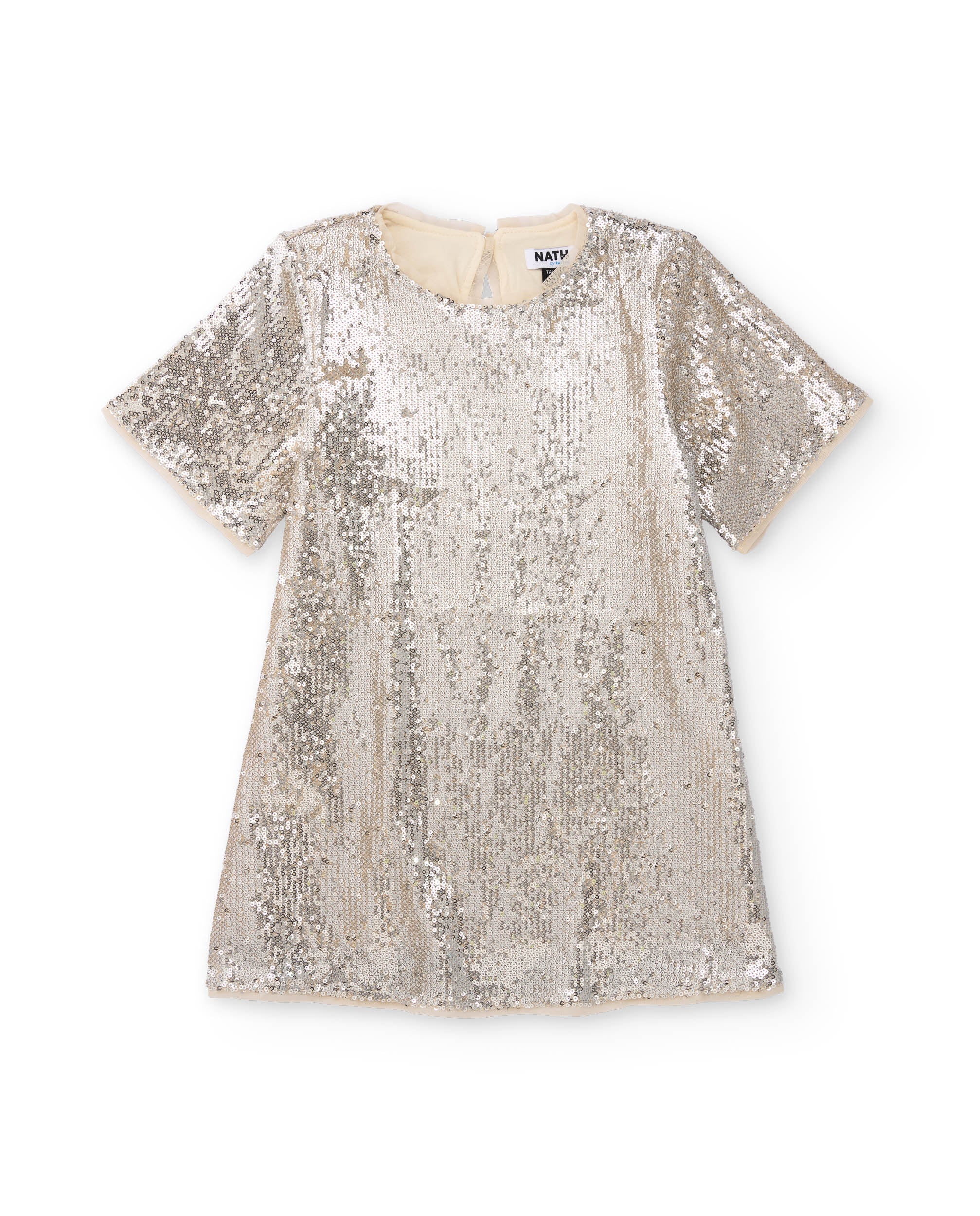 Vestido de niña en color plata con lentejuelas y manga corta