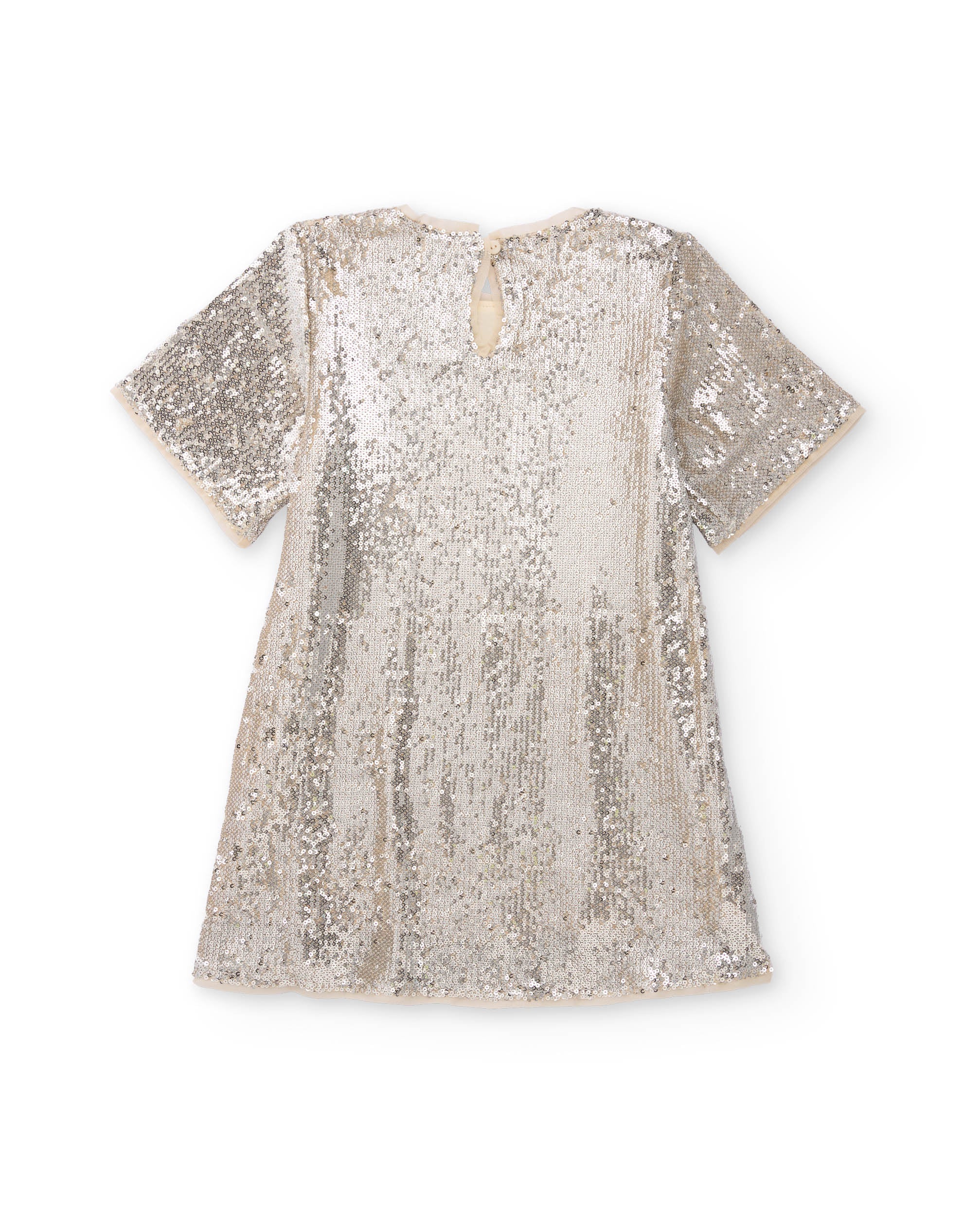 Vestido de niña en color plata con lentejuelas y manga corta