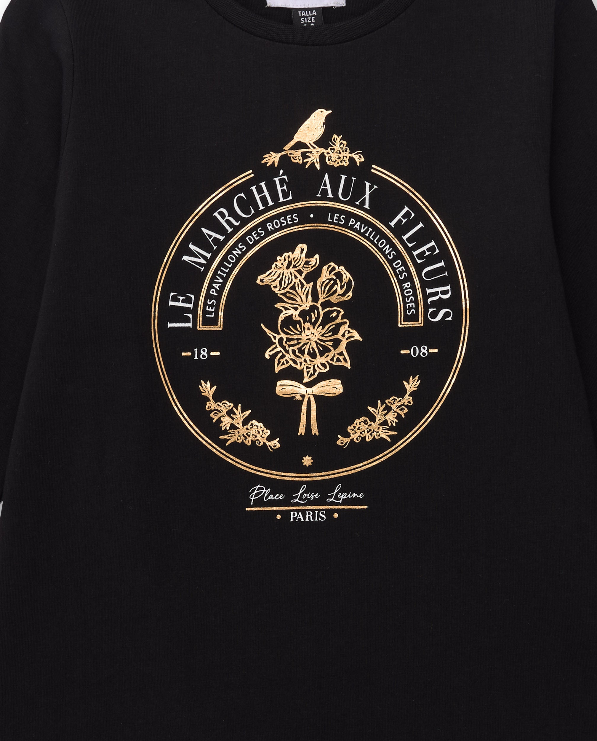 Camiseta negra de manga larga para niña con estampado dorado