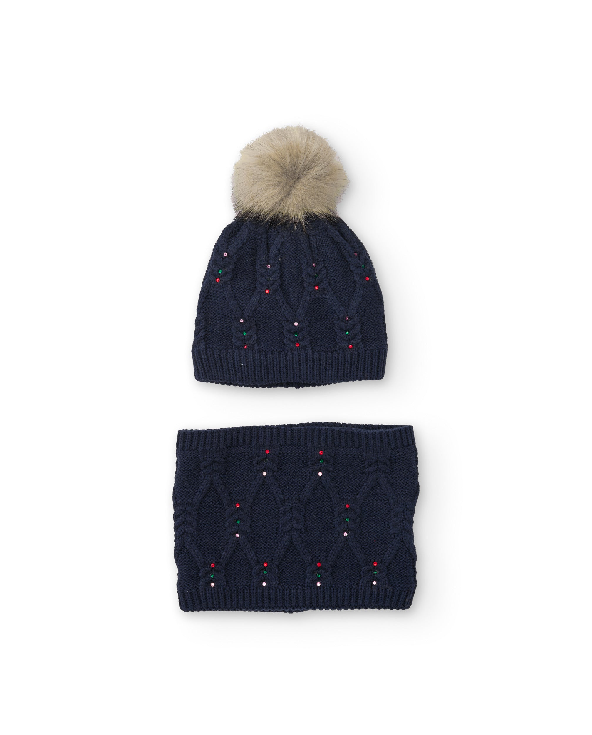 Conjunto de gorro y braga de niña en punto azul marino con