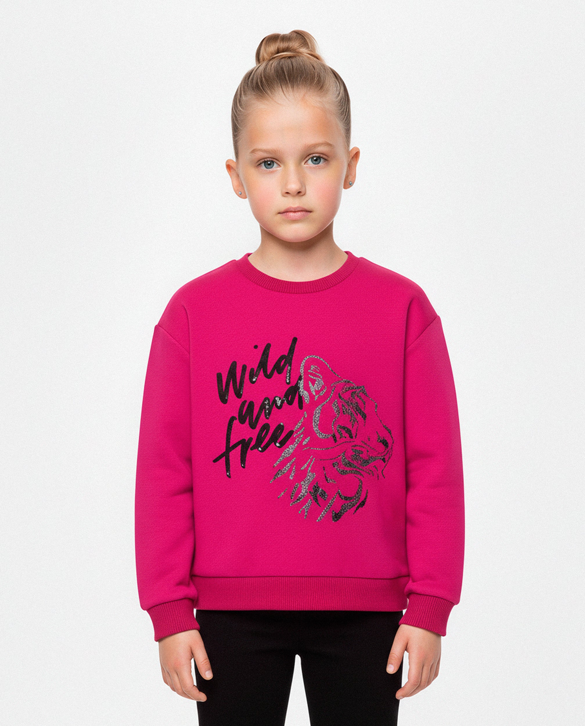 Sudadera fucsia de niña con estampado de tigre y mensaje