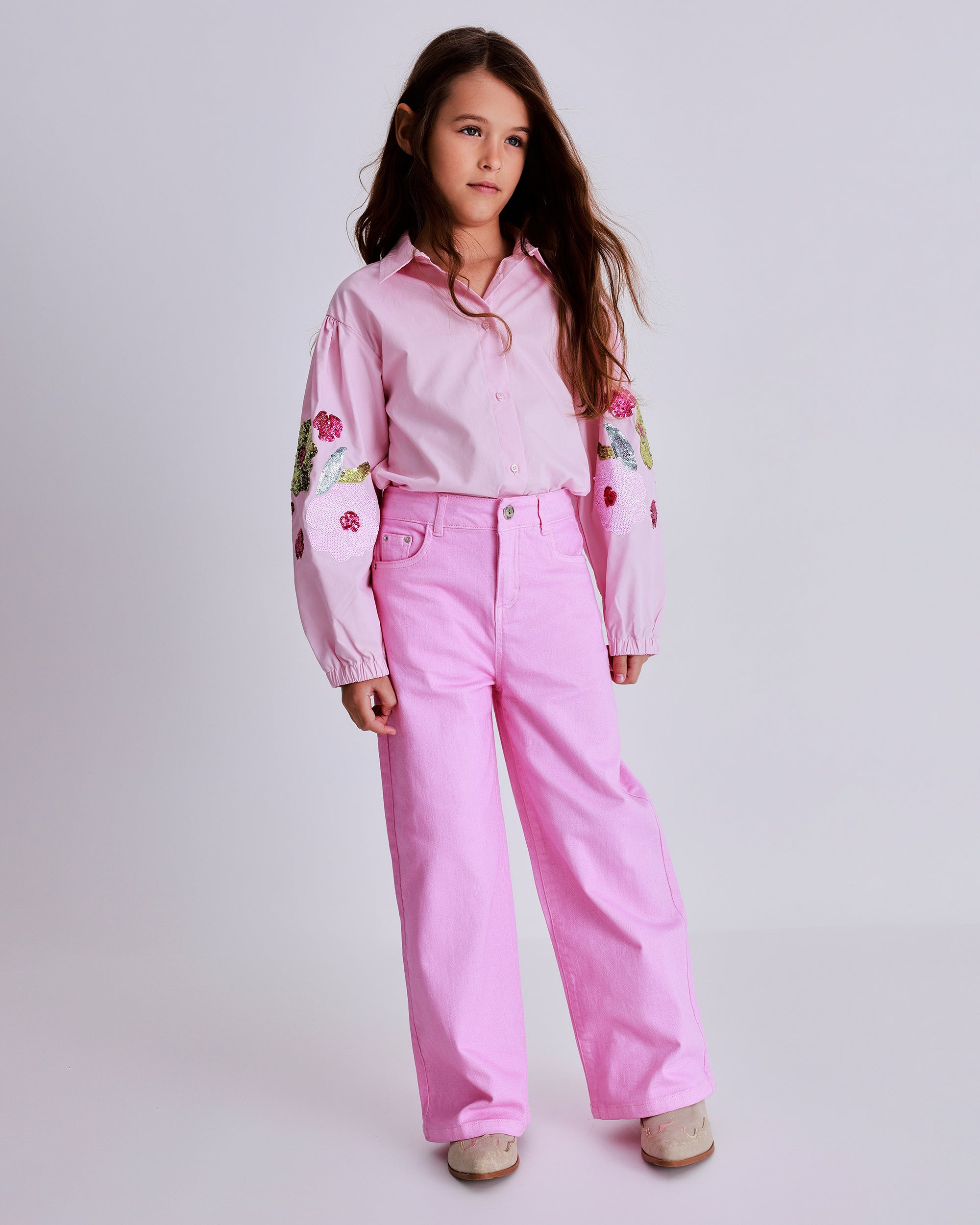 Pantalón culotte para niña en mezclilla color rosa