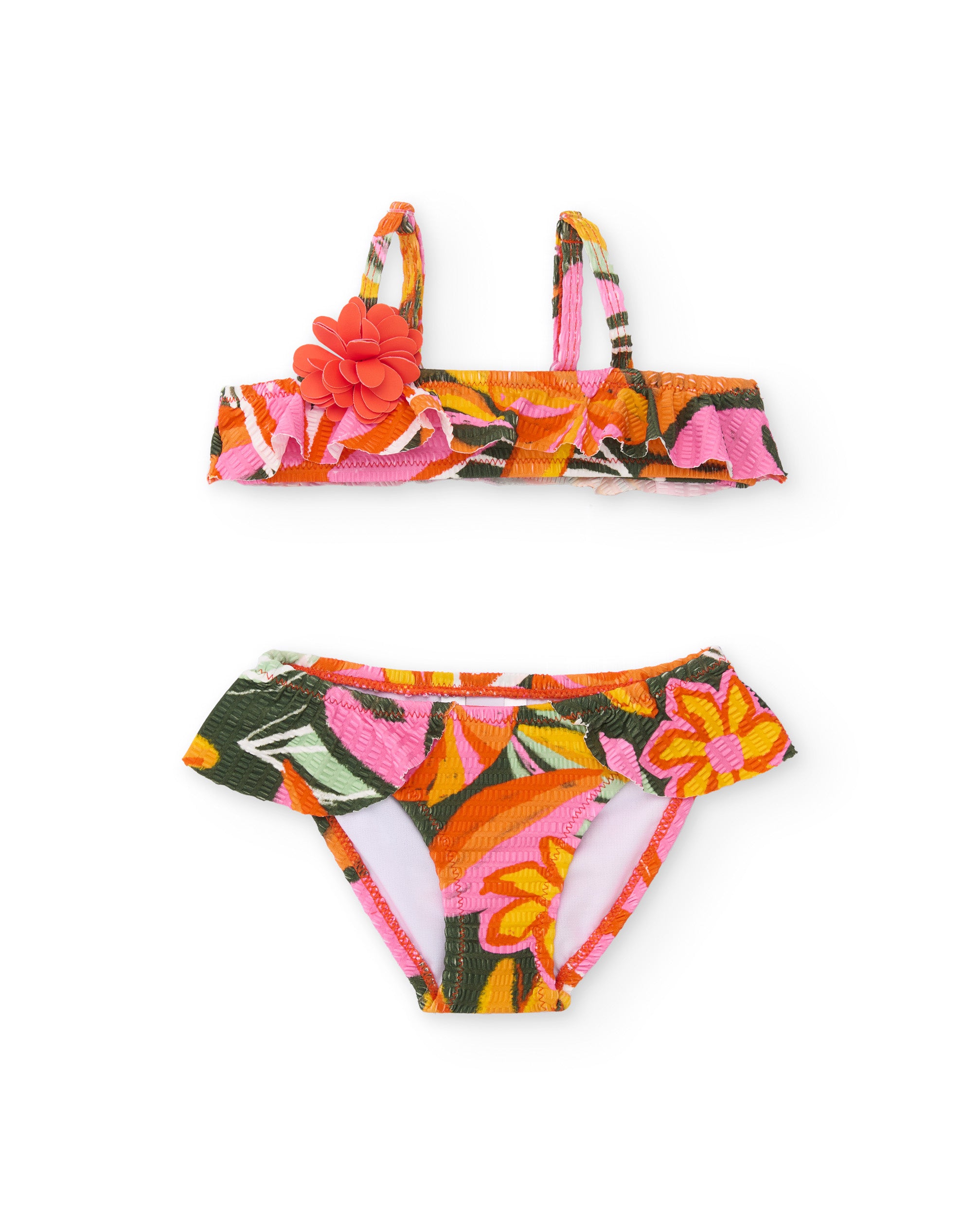 Bikini de niña de punto y detalle floral en relieve