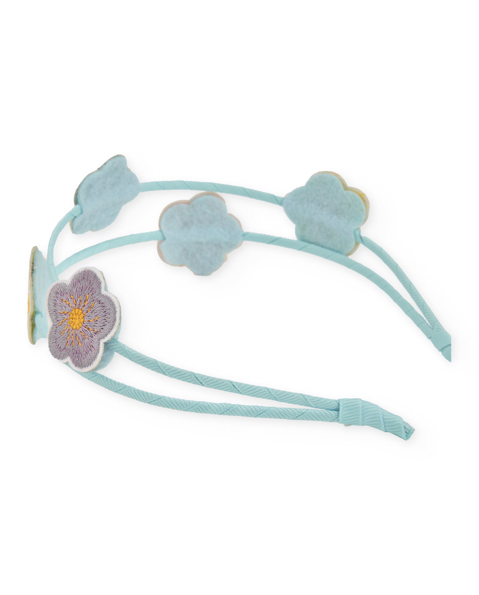 Diadema de niña de plana con flores bordadas aplicadas