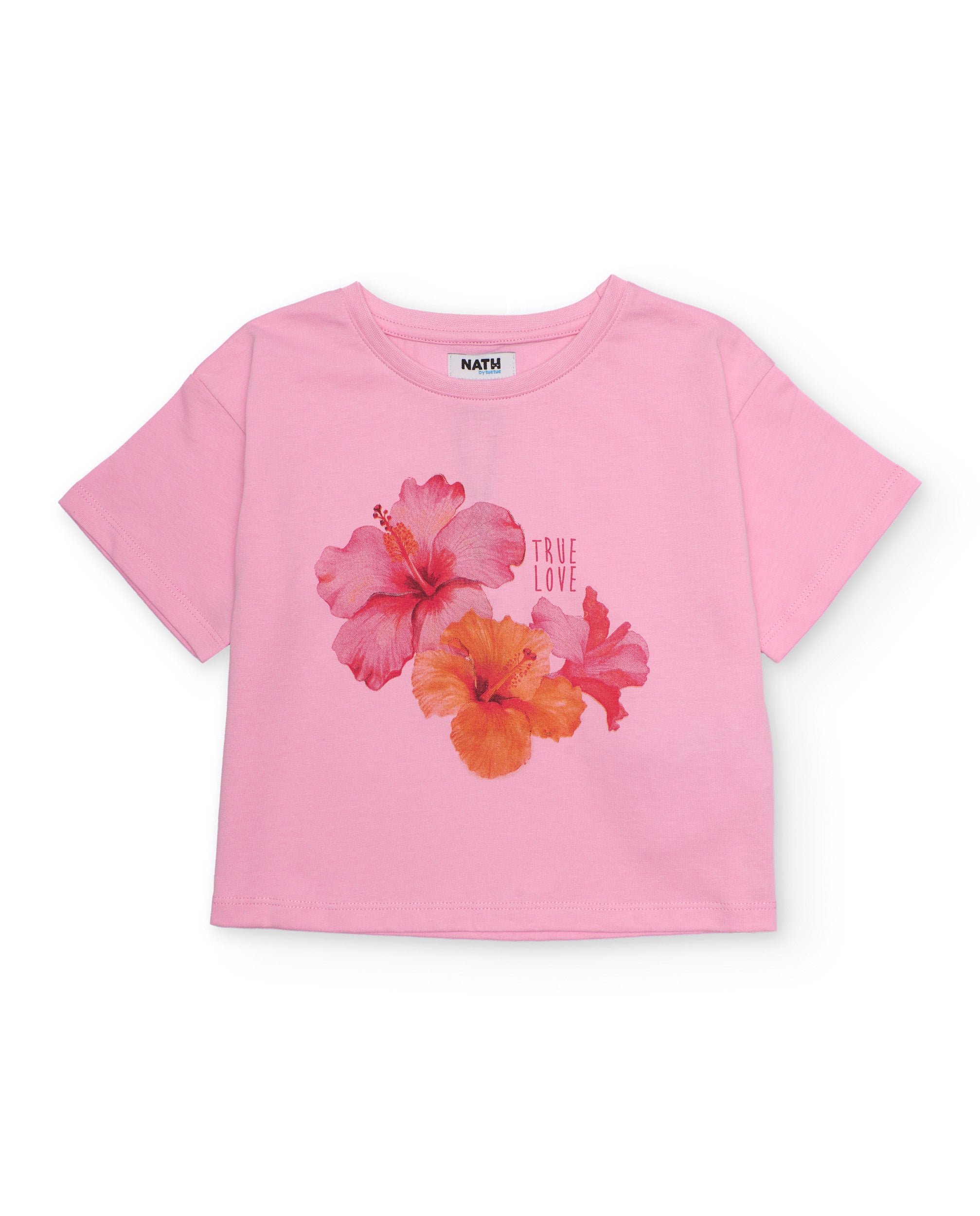 Camiseta de niña de punto con hibiscos frontal