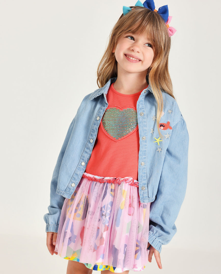 Camisa de menina em tecido plano e ganga leve