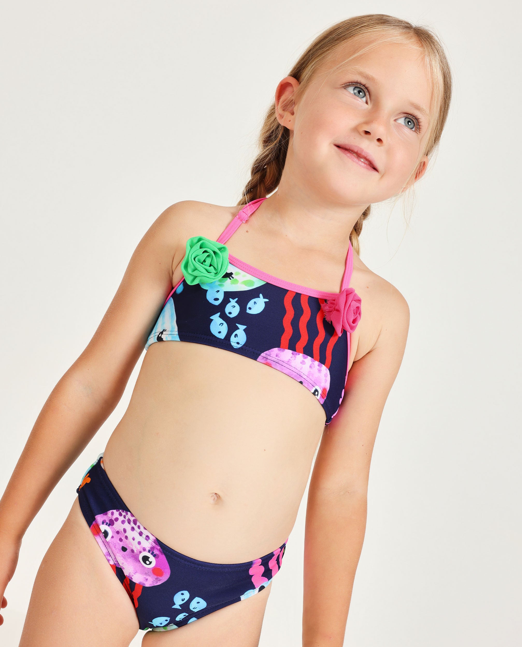 Bikini de niña de punto y flores aplicadas