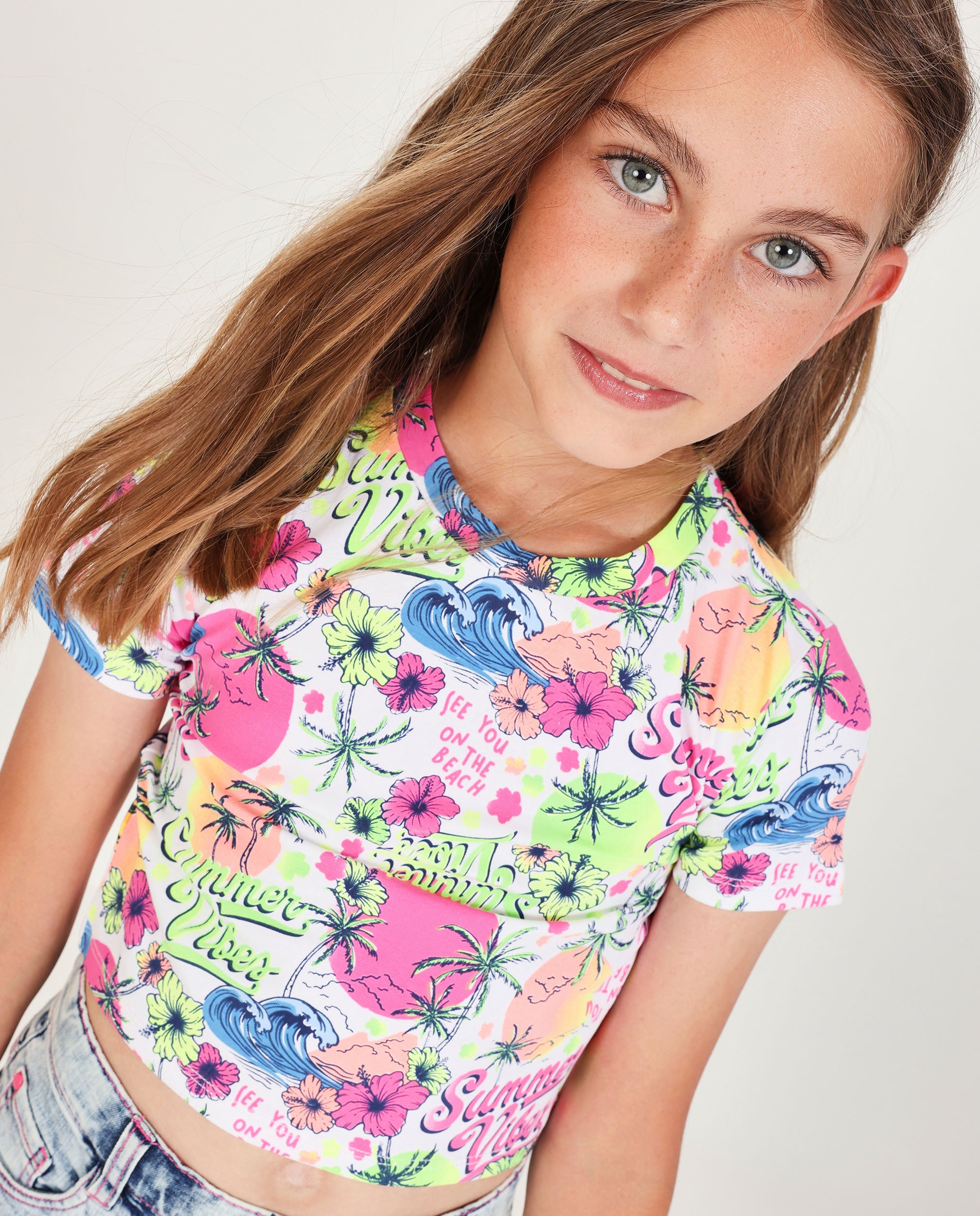 Camiseta de niña de punto con estampado veraniego