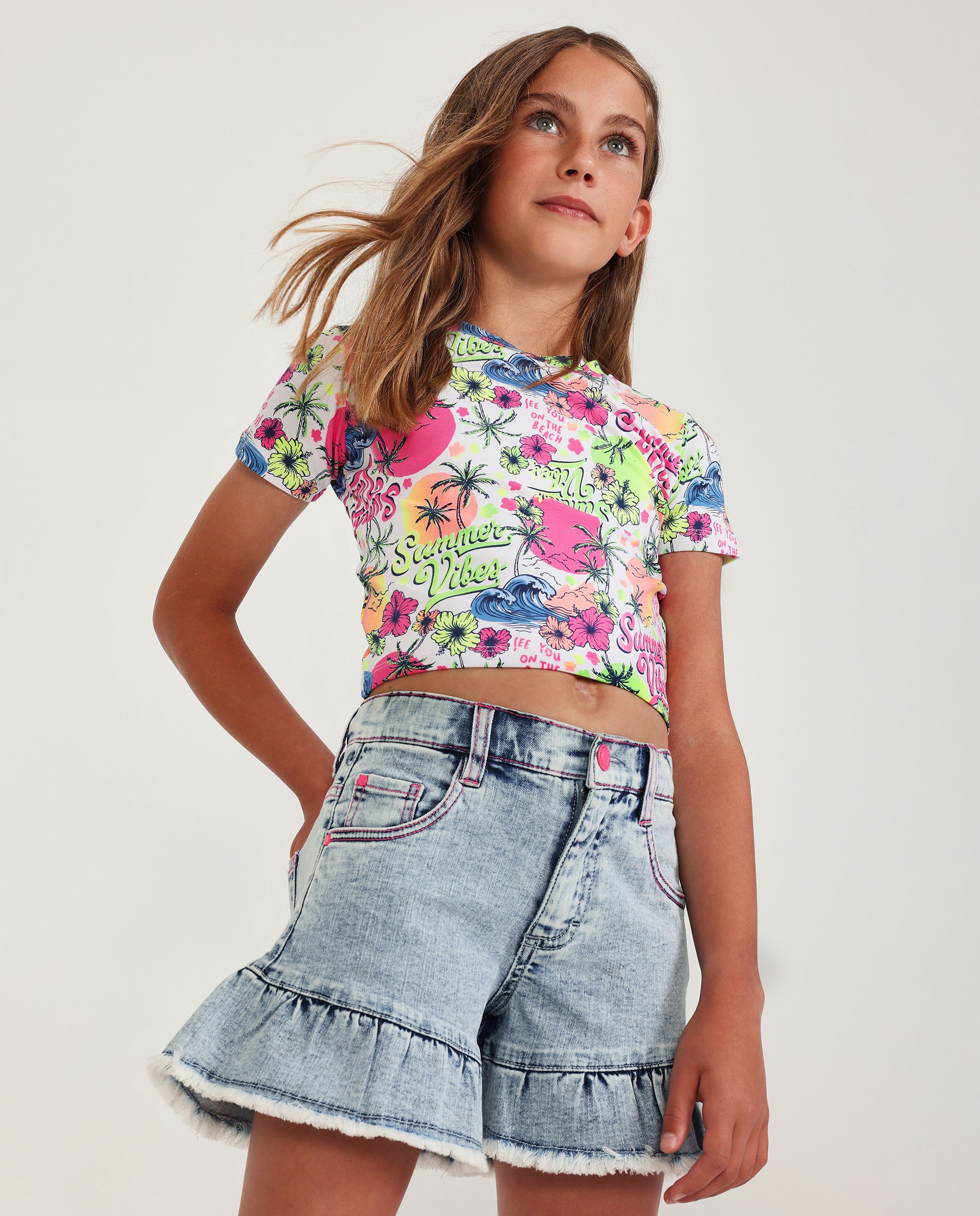 Short de niña de plana y denim suave