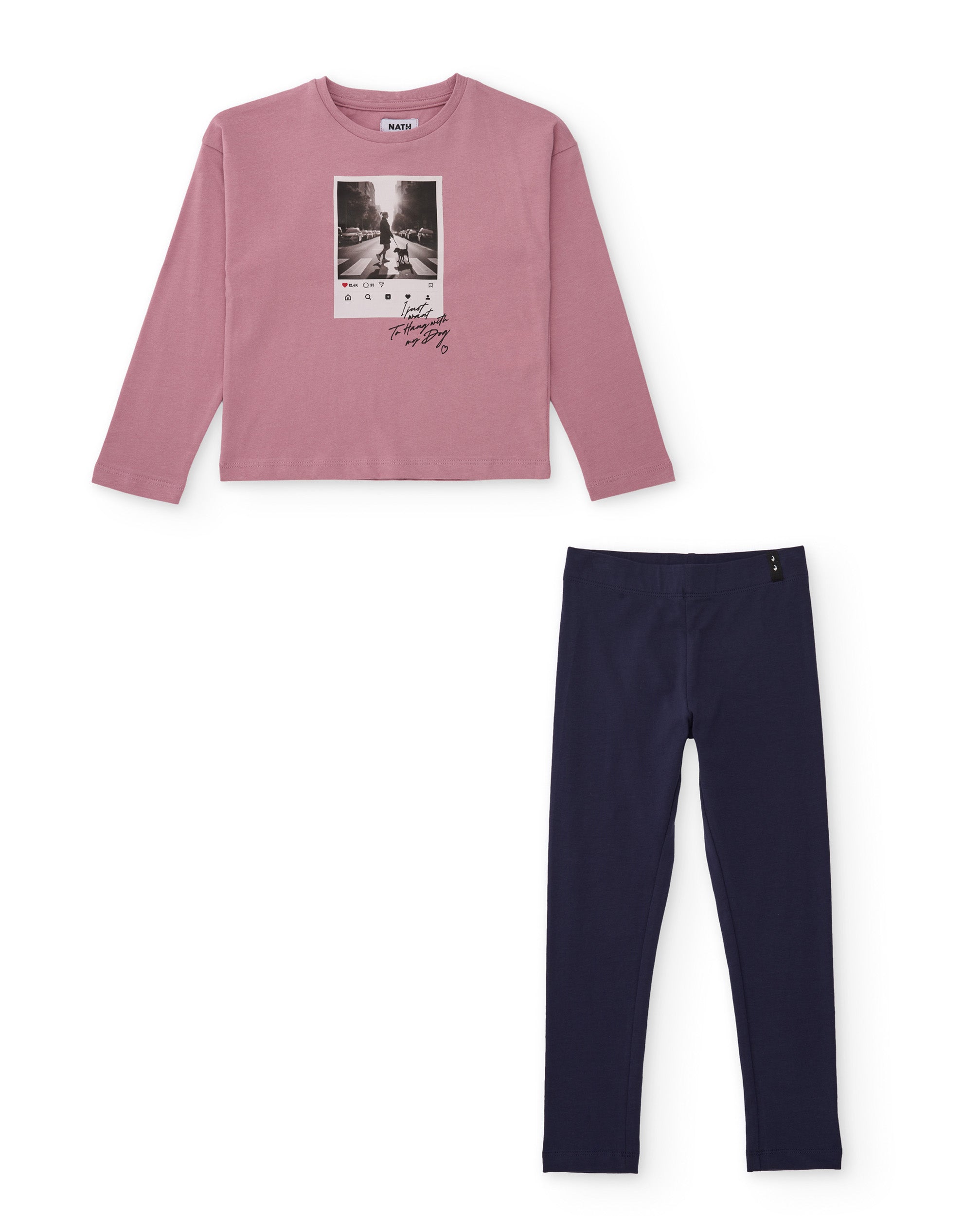 Conjunto de niña de punto con camiseta estampada y leggings a juego