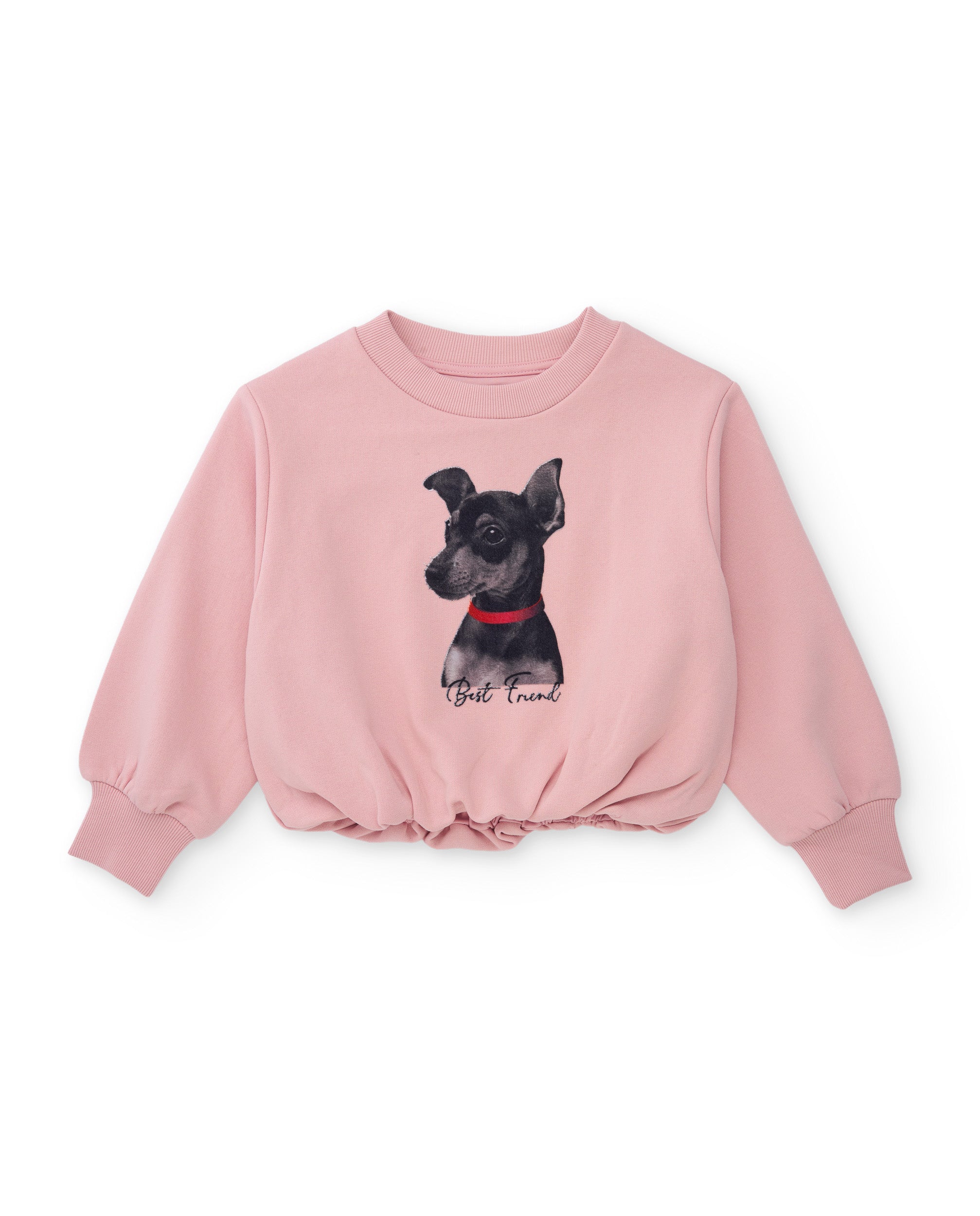 Sudadera de niña de felpa con estampado perrito y cintura fruncida