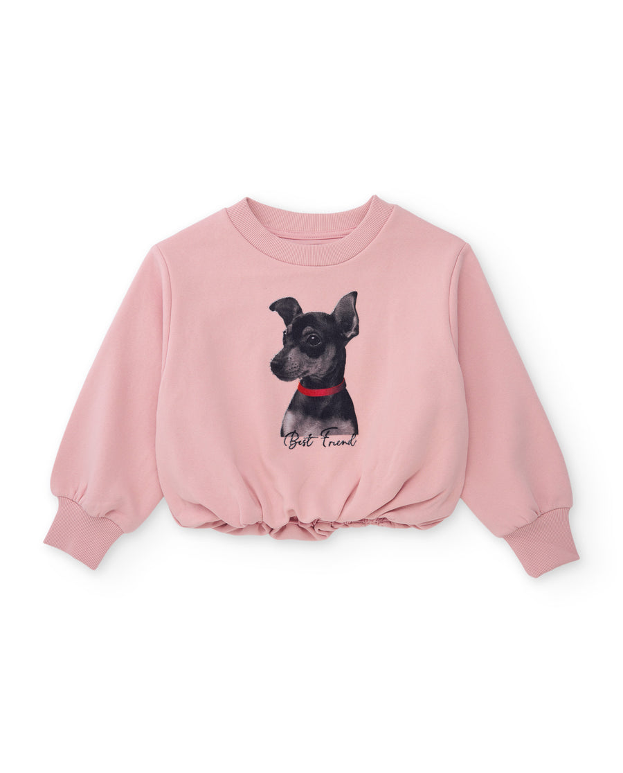 Sudadera de niña de felpa con estampado perrito y cintura fruncida