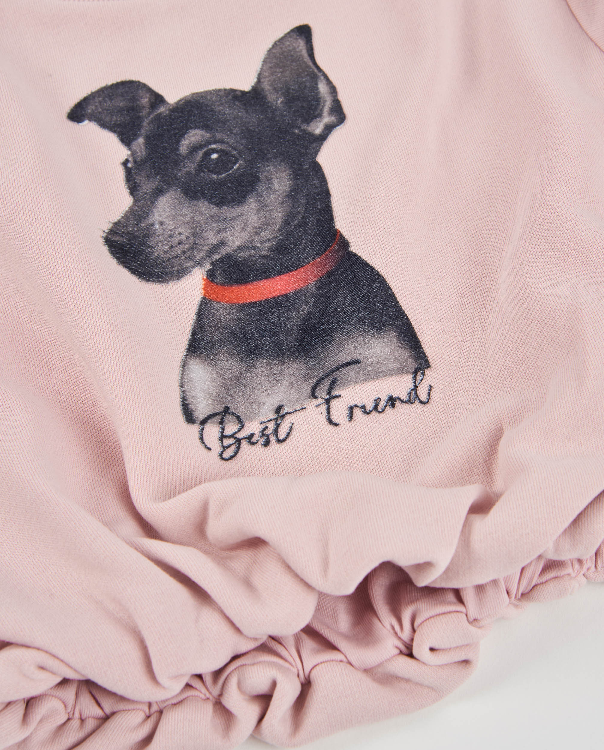 Sudadera de niña de felpa con estampado perrito y cintura fruncida