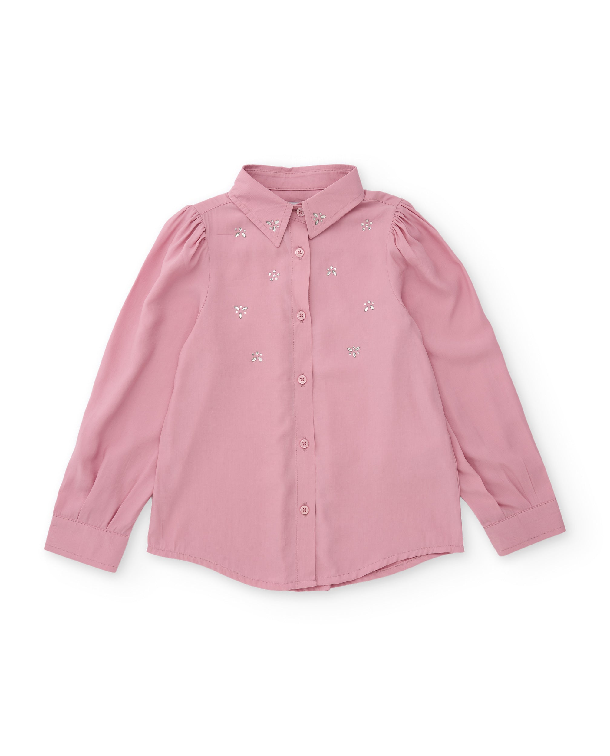 Camisa de niña de tela plana con bordados de gemas y manga larga