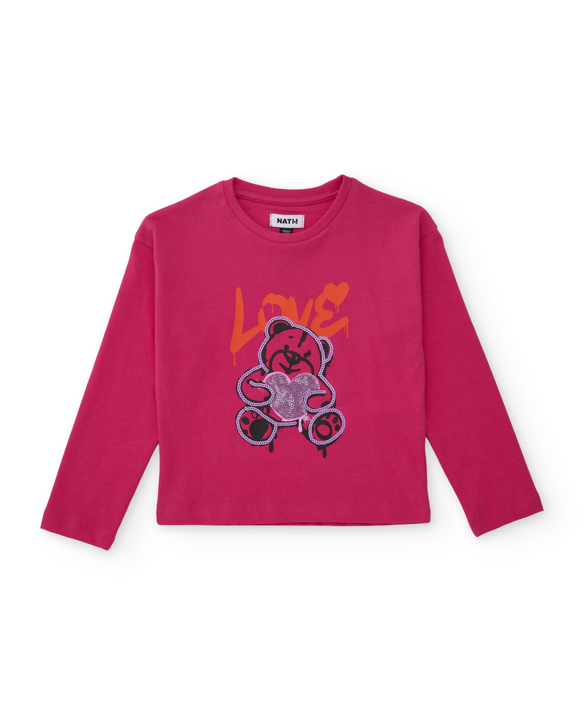 Camiseta de niña de punto con estampado de osito y lentejuelas