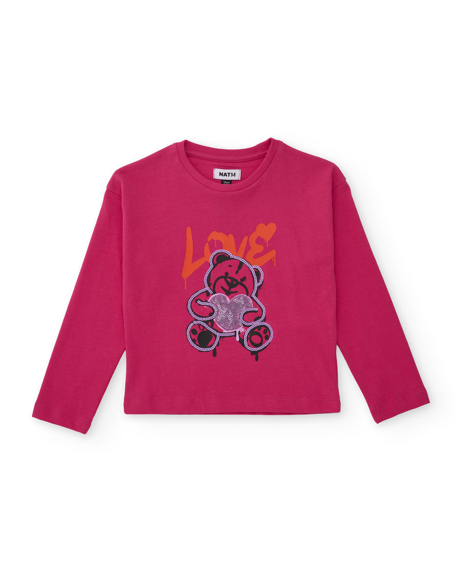 Girls' knit T-shirt with teddy bear print and sequins