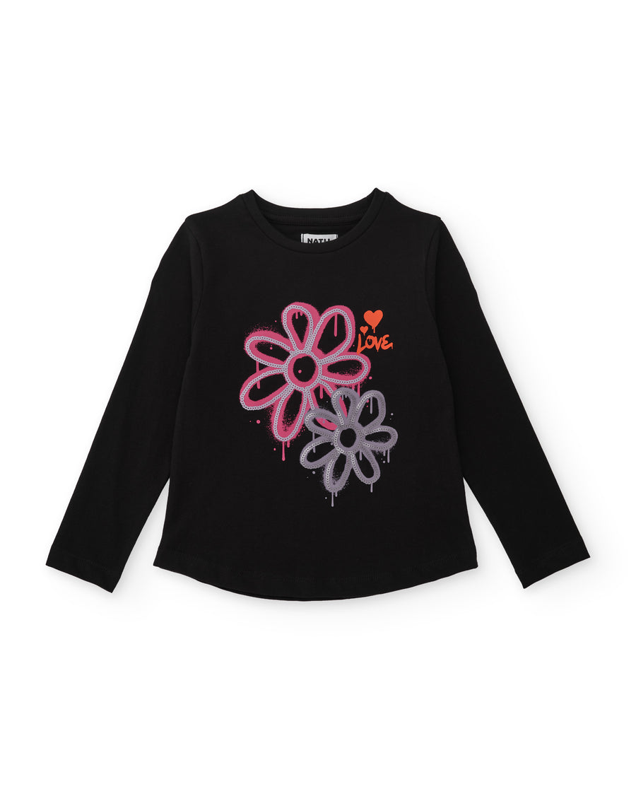 Girls' long-sleeved knit T-shirt with artistic floral design