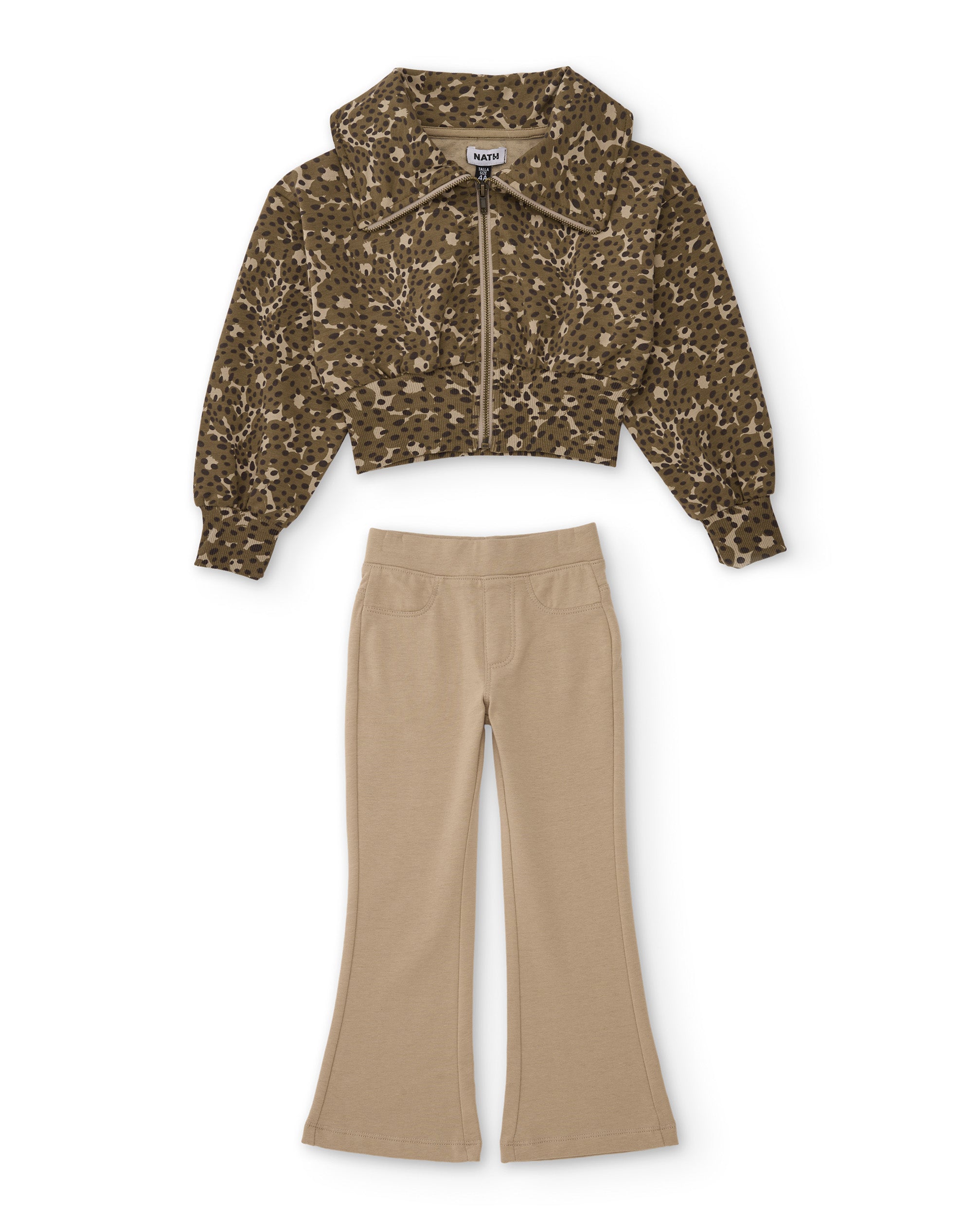 Conjunto de niña con sudadera de animal print y leggings acampanados