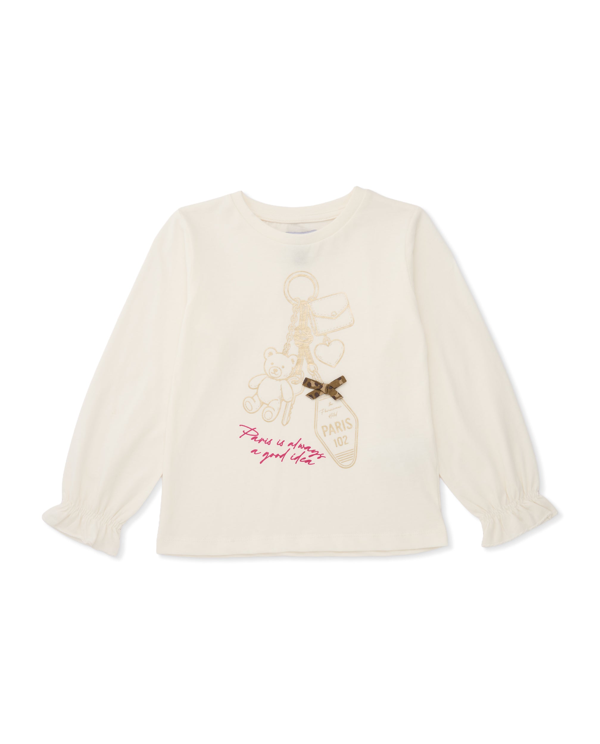 Camiseta de niña de punto con ilustración parisina y lazo decorativo