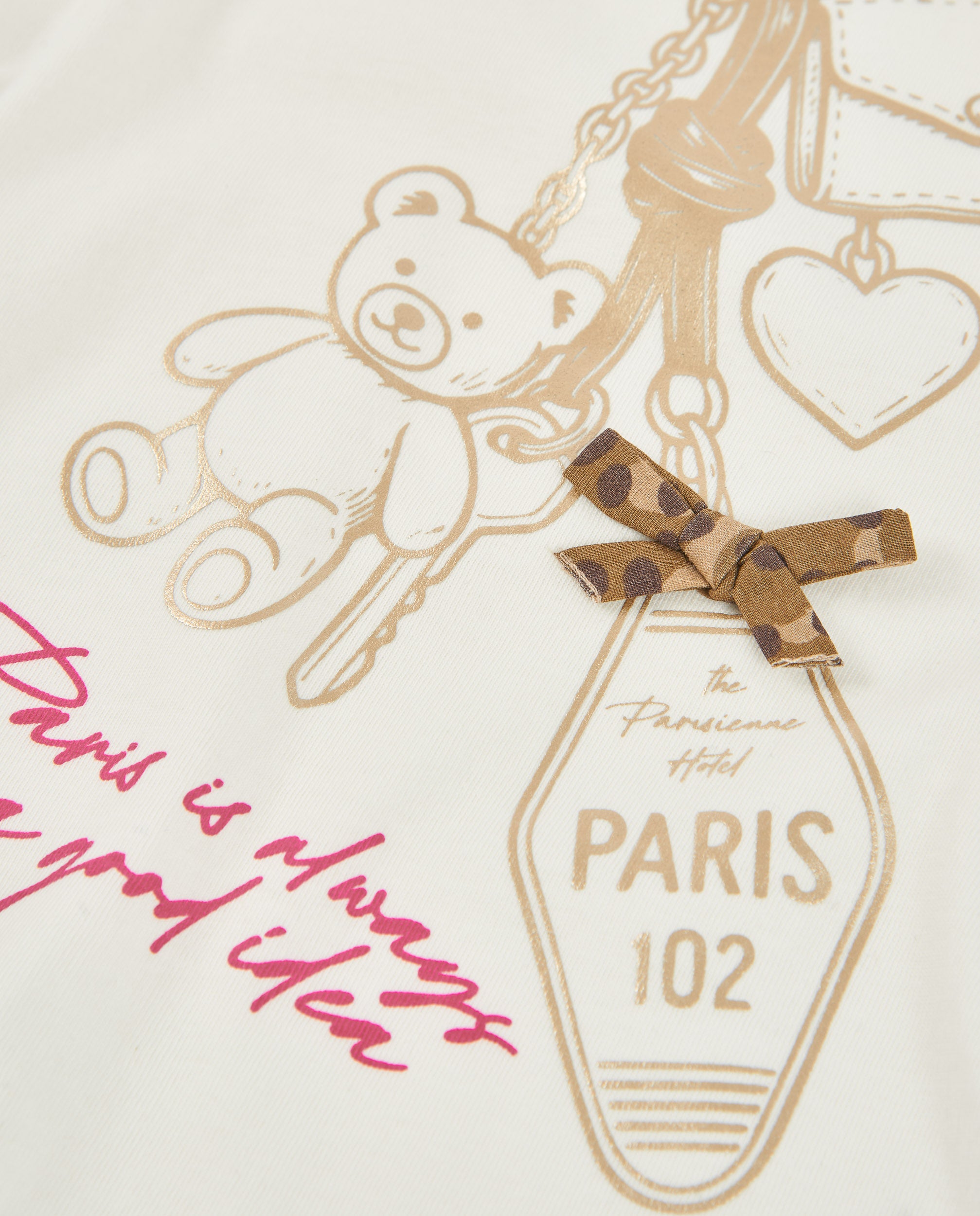 Camiseta de niña de punto con ilustración parisina y lazo decorativo