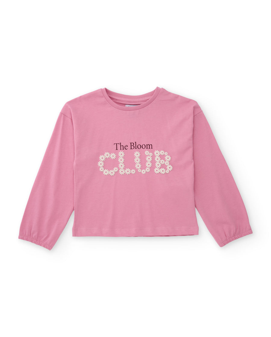 Girls' knit T-shirt with floral embroidery and long sleeves