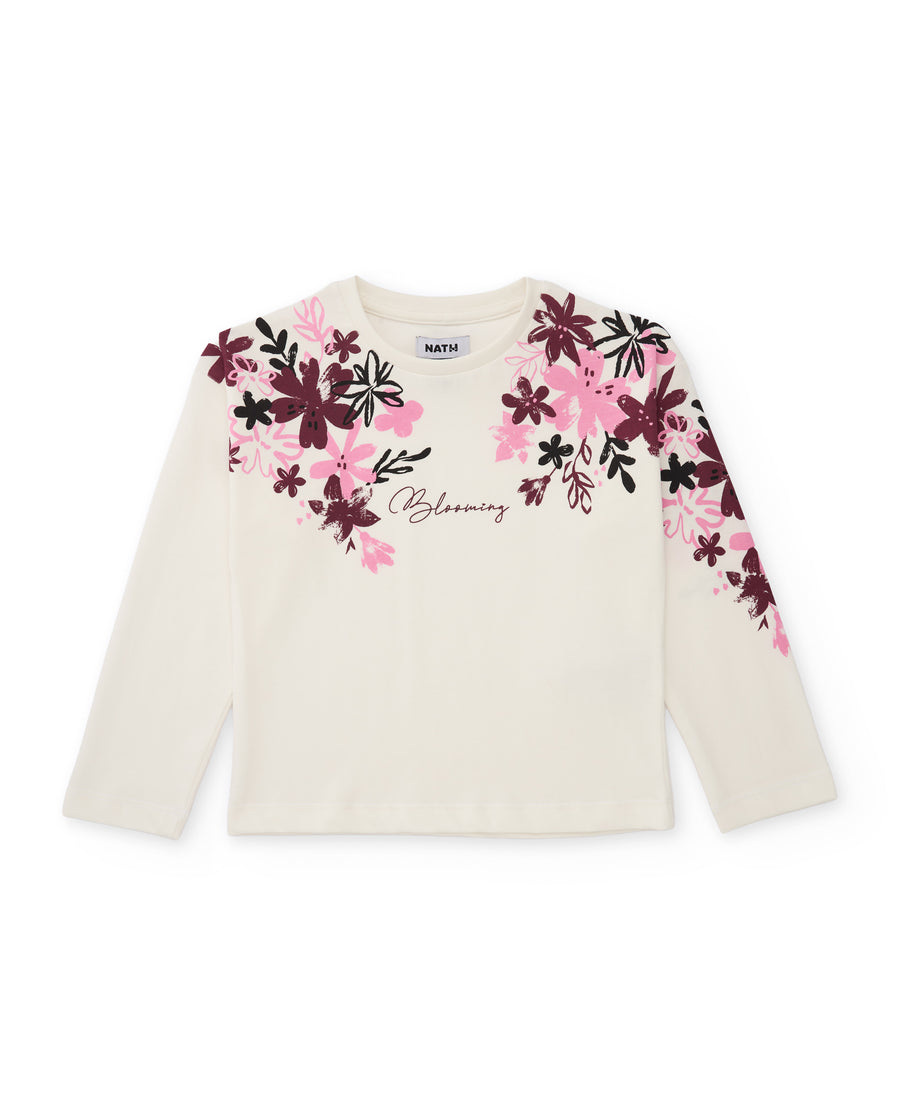 Girls' knit T-shirt with floral print and long sleeves