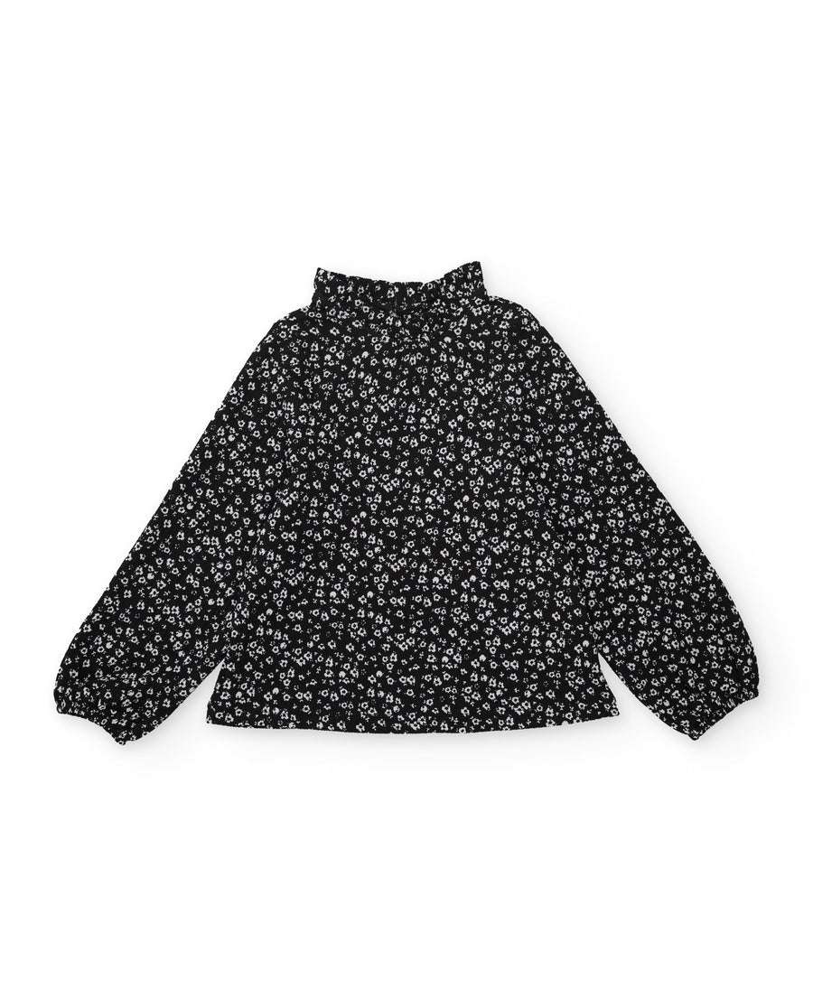 Girls' woven blouse with high neck and floral print