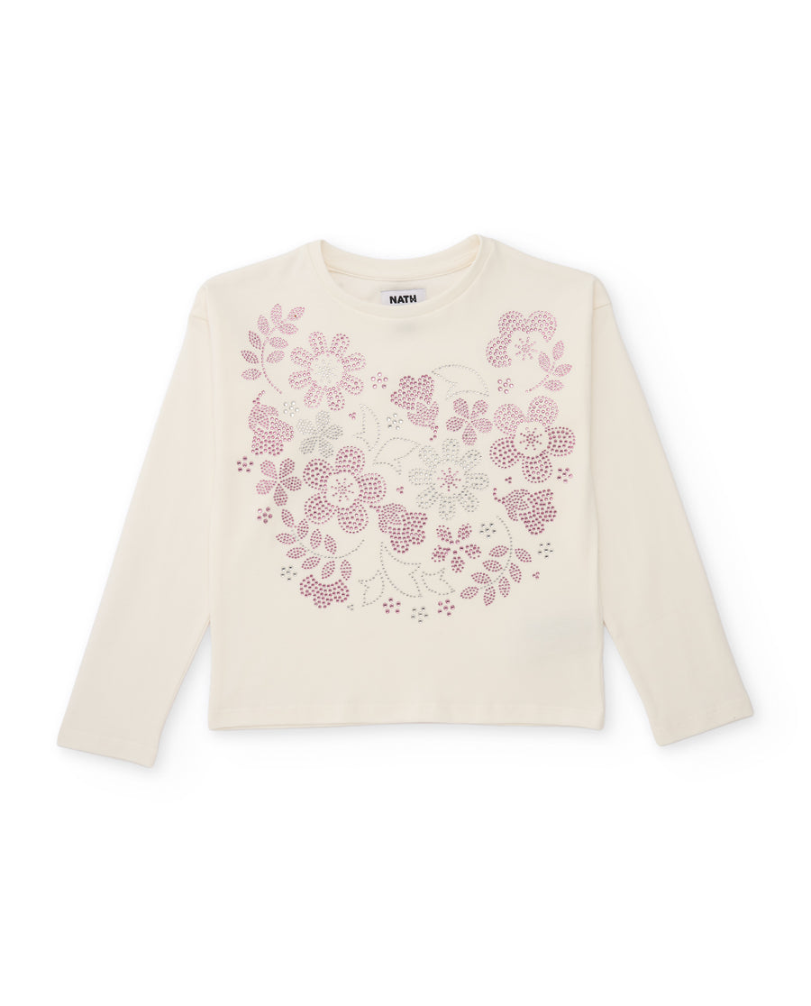Girls' knit T-shirt with floral design and round neck