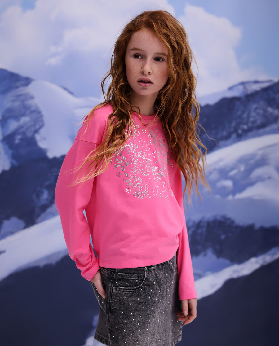Girls' knit T-shirt with glittery floral print
