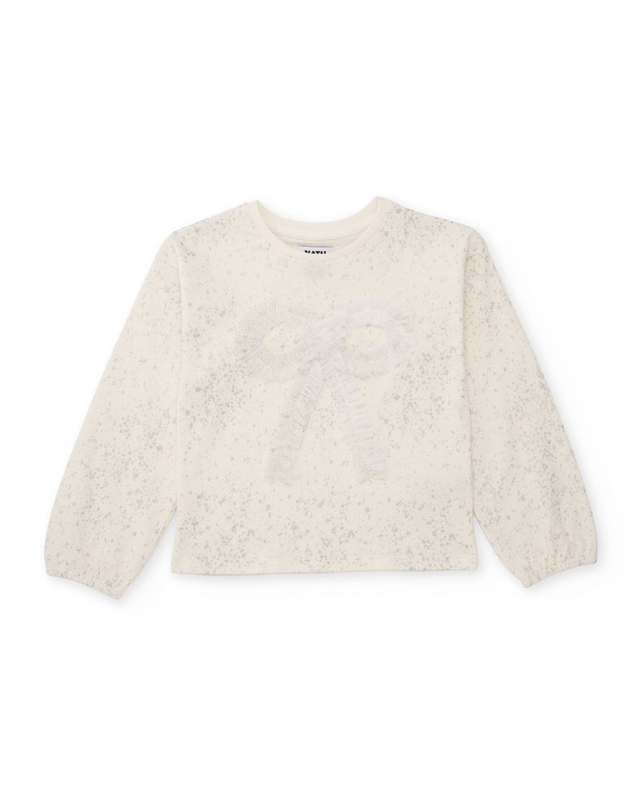 Girls' knit T-shirt with bow-shaped gathering