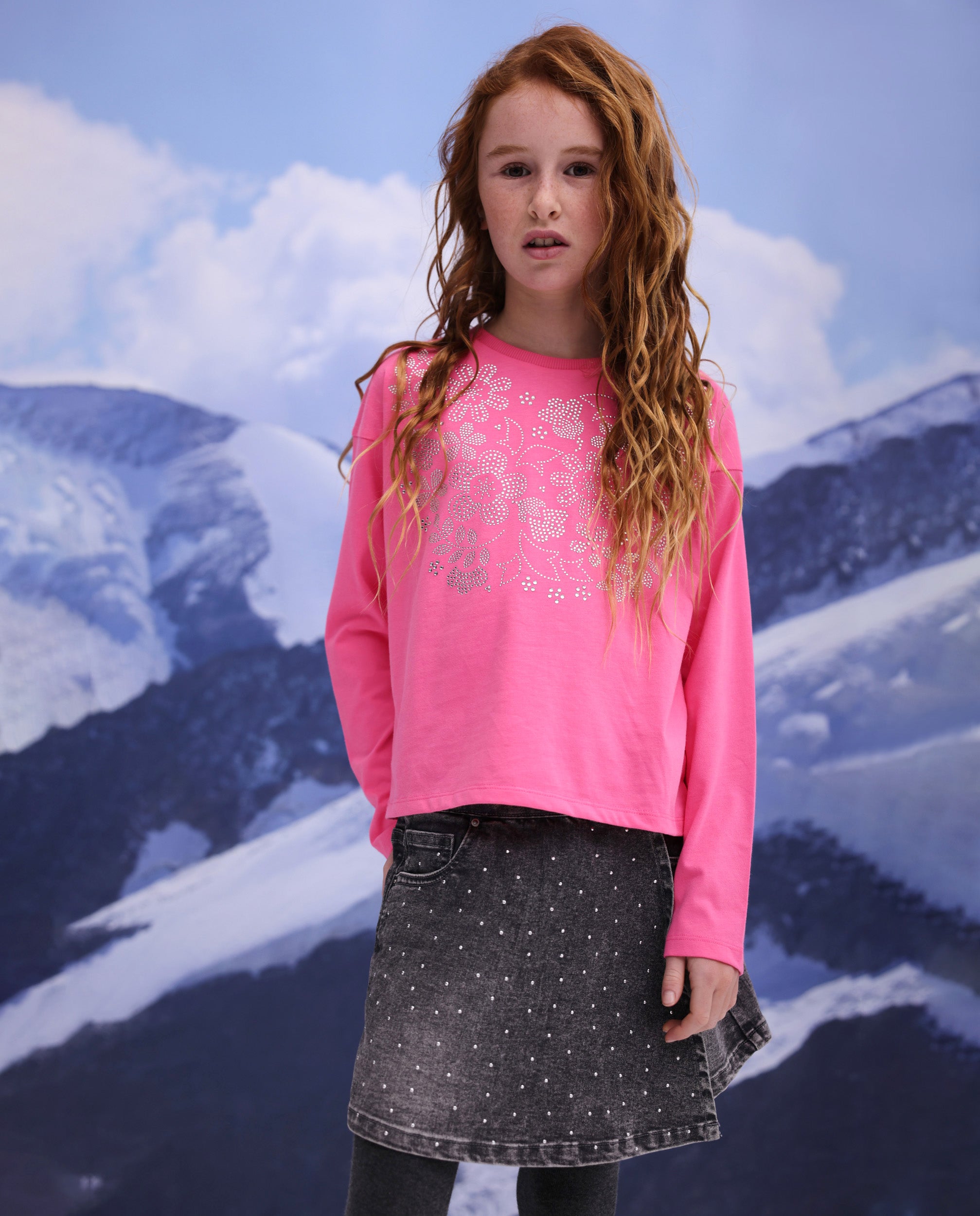 Falda pantalón de niña en denim efecto lavado
