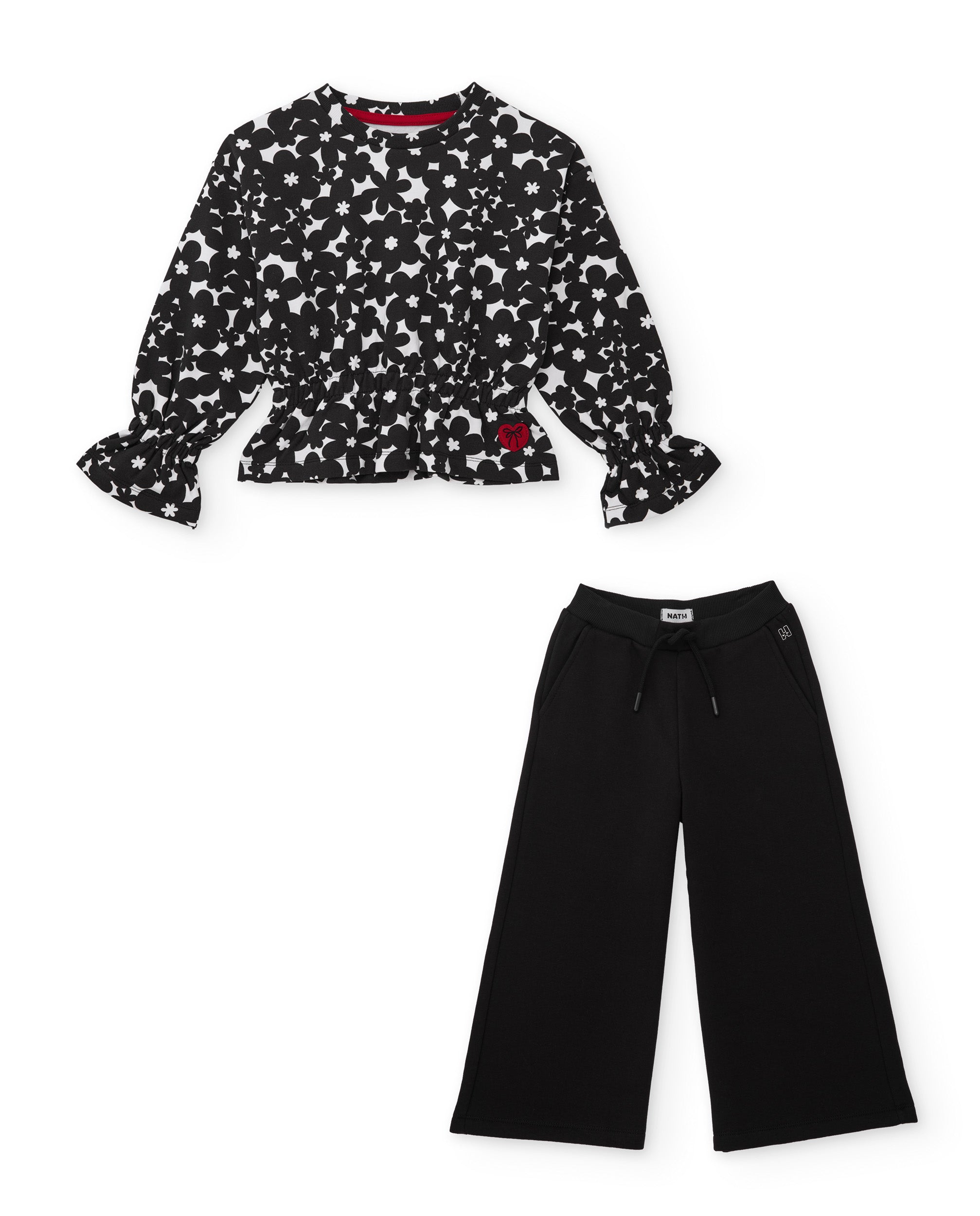 Conjunto de niña de punto con sudadera de estampado floral y pantalón ancho