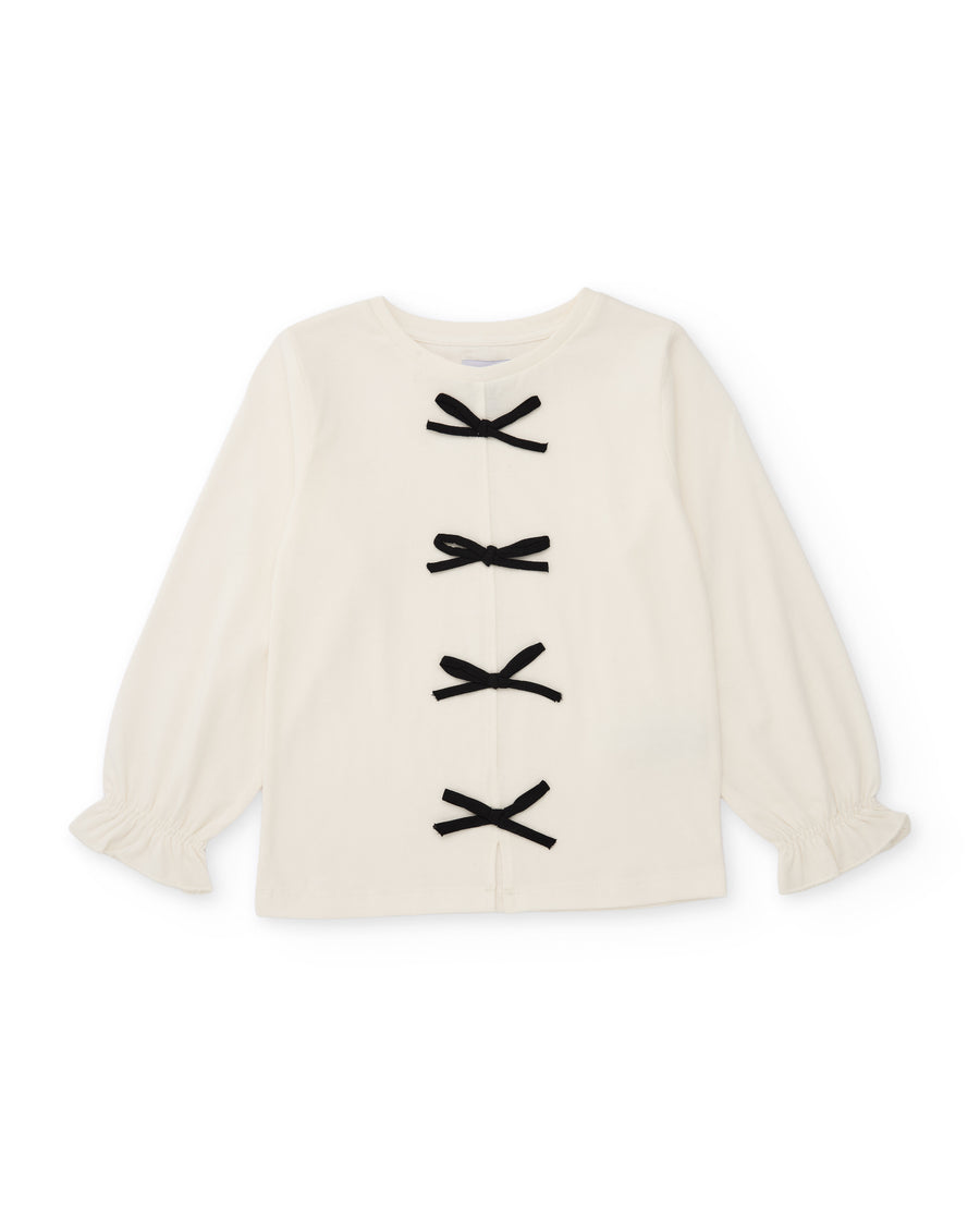 Girls’ knitted T-shirt with front bows and gathered cuffs