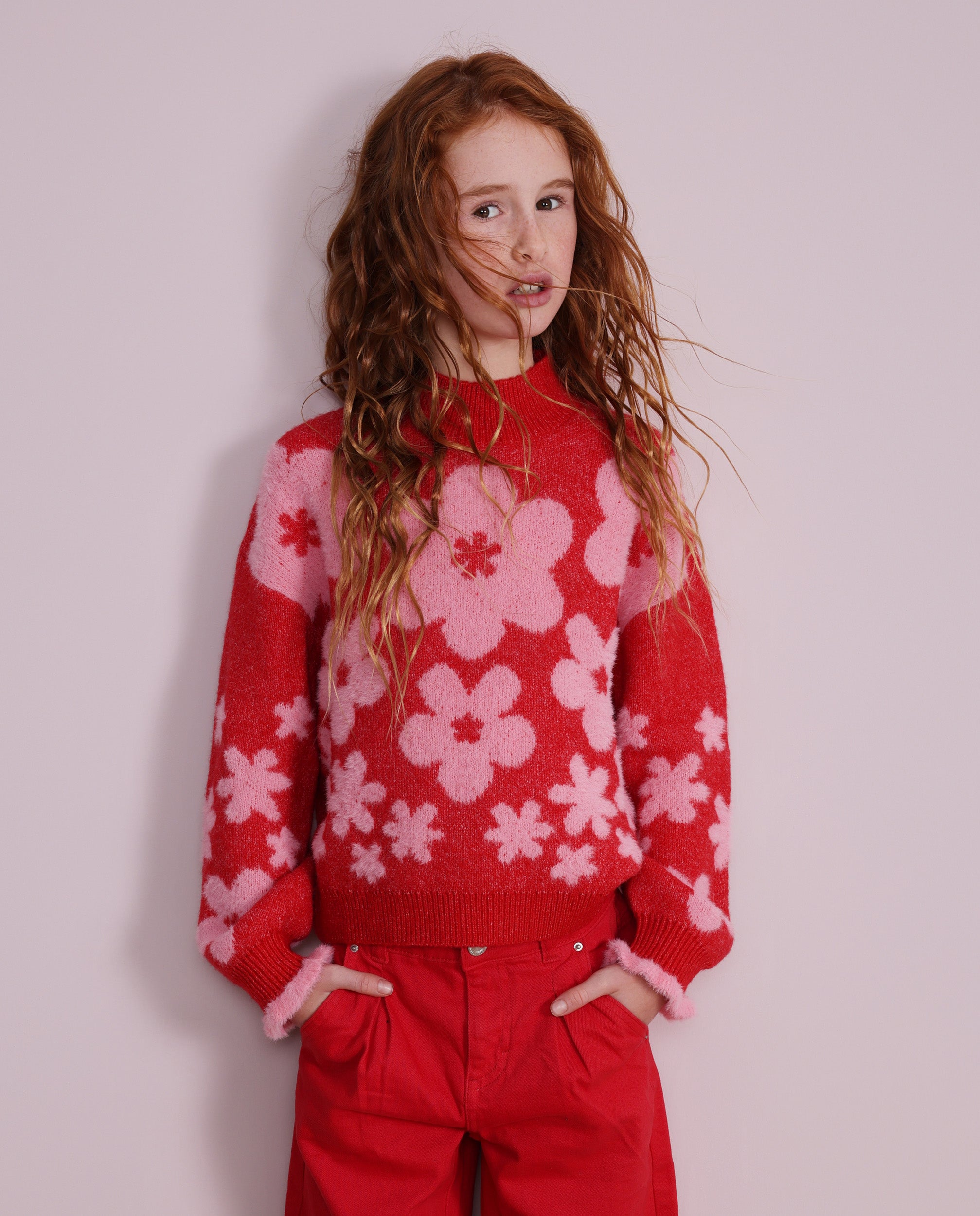 Jersey de niña de tricot con diseño floral y acabado de canalé