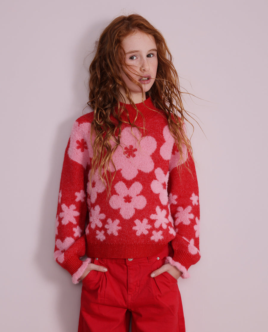 Girls’ tricot sweater with a floral design and ribbed finish
