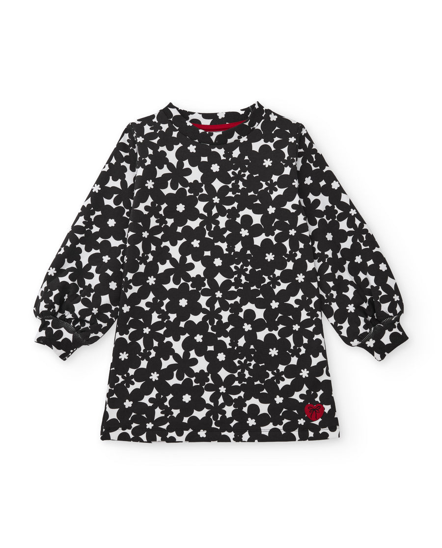 Girls’ plush dress with a floral print and puff sleeves