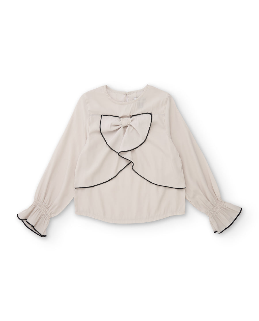 Girls’ plain-weave shirt with a ruffle collar and central bow