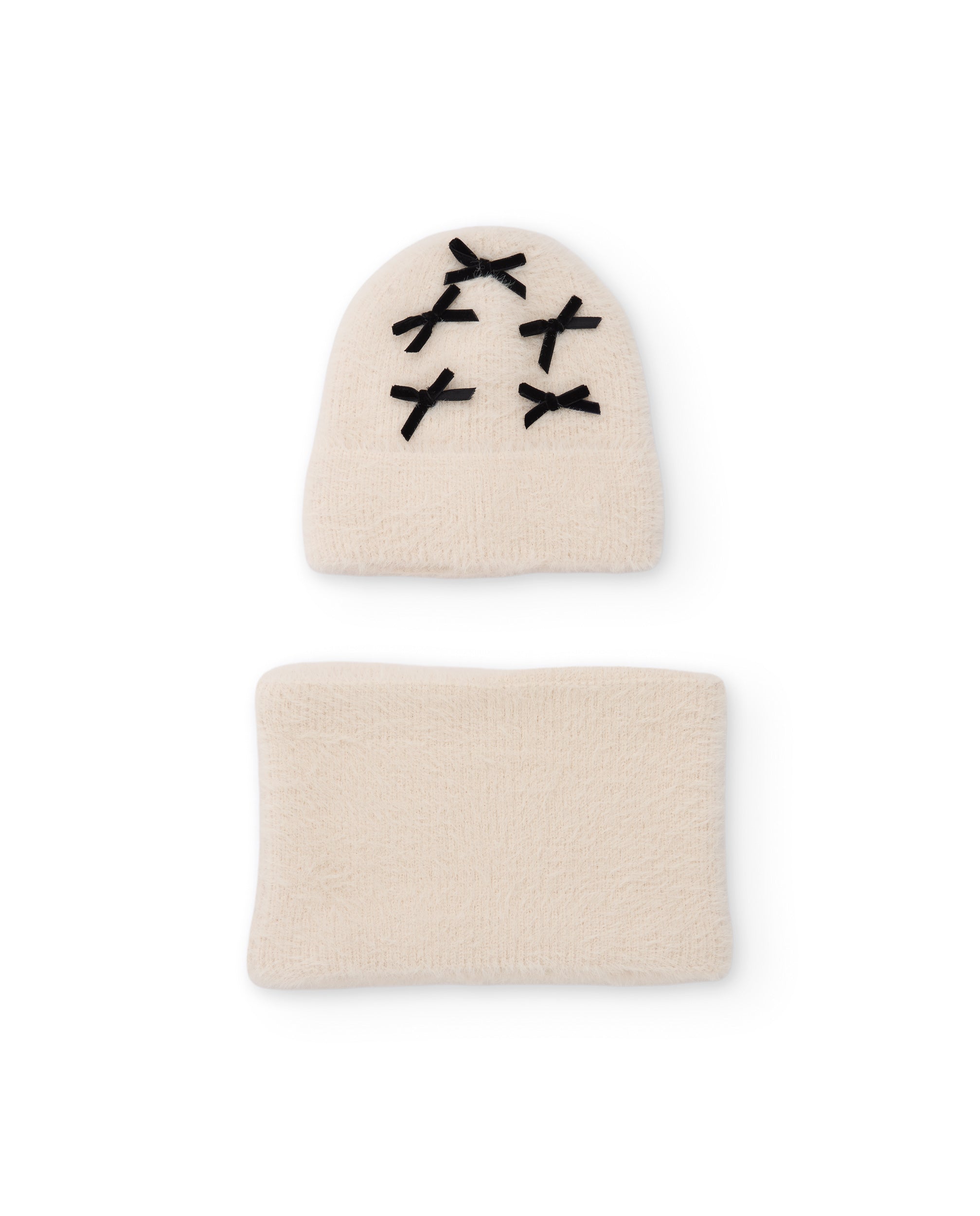 Set de niña de tricot con gorro de lazos y braga de cuello a juego