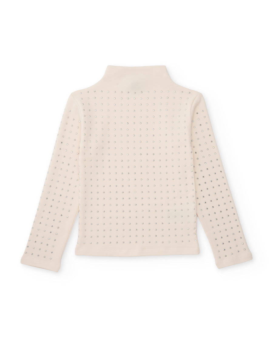 Girls' knitted T-shirt with sparkling appliqués and high neck