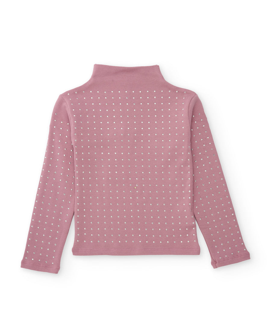 Girls' knitted T-shirt with a high neck and sparkling appliqués