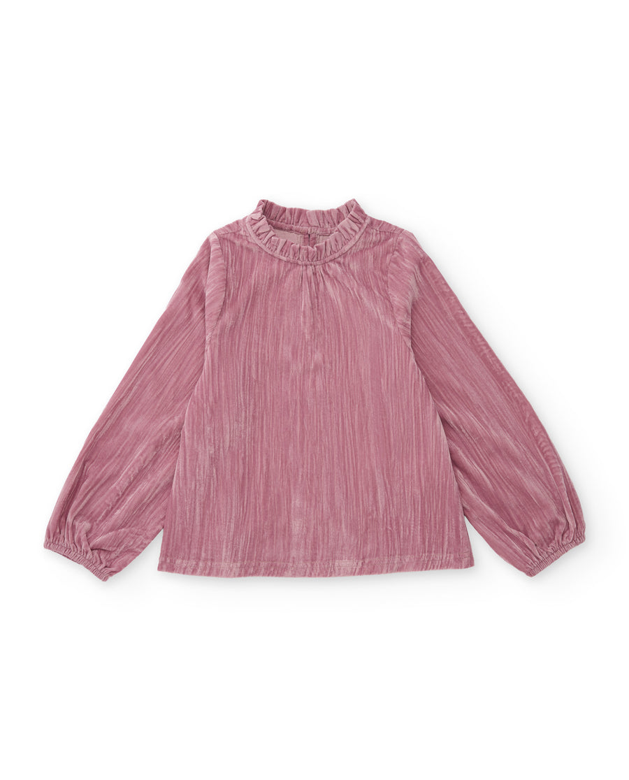 Girls' blouse in plain fabric with a pleated collar and ruffles